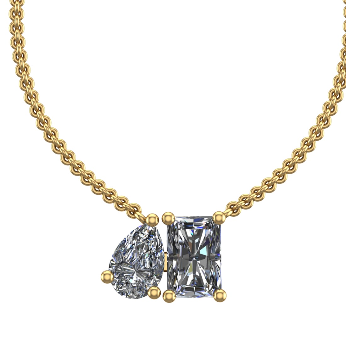 1.00 Ctw SI2/SI1 Diamond Prong Set 14K Yellow Gold Two-Stone Pendant Neckla: Total Daimond Weight :-1.00 Ctw ( Pear & Emerald cut ) Color : G-H Clarity : SI2/SI1 Setting : Prong Metal Weight : Approx 2.04 gram 14K Yellow Gold Two-Stone Pendant Necklace (ALL DIAMOND ARE LAB GRO