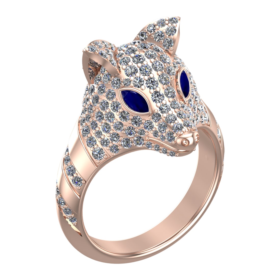 2.31 Ctw VS/SI1 Blue Sapphire and Diamond 14k Rose Gold Animal theme Ring (: Center Stone Weight :-0.20 Ctw ( MarquiseCut) Center Stone Color :-Blue Sapphire Center Stone Setting : Prong Side Diamond Weight Of Ctw :- 2.11 Ctw Color : J-K Clarity : VS/SI1 Daimond Setting : Pron
