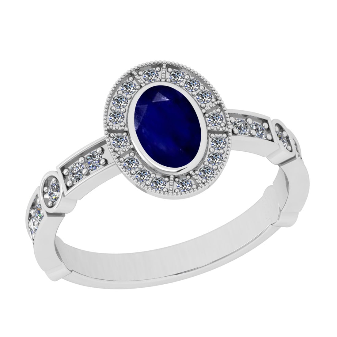 1.07 Ctw VS/SI1 Blue Sapphire And Diamond 14K White Gold Wedding Ring: Center Stone Weight : 0.75 Ctw (Oval Cut) Center Stone Color : Blue Sapphire Stone Setting : Prong Side Stone Weight Of Ctw 0.32 Ctw Side Stone Color : J-K Stone Clarity : VS/SI1 Stone Setting : Prong