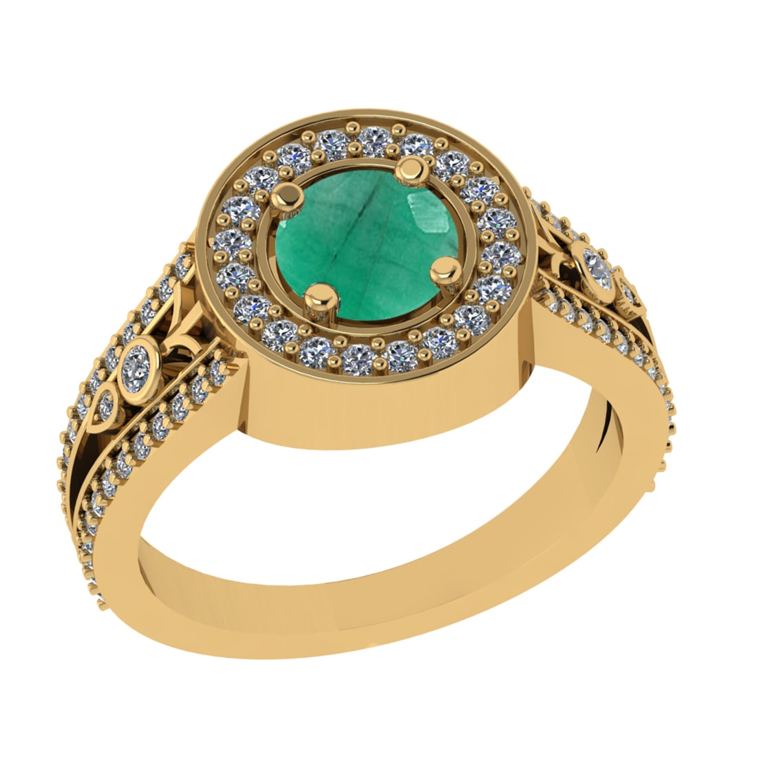 1.36 Ctw VS/SI1 Emerald and Diamond 14k Yellow Gold Engagement Ring: Center Stone Weight :-0.84 Ctw ( Round Cut) Center Stone Color :-Emerald Center Stone Setting : Prong Side Diamond Weight Of Ctw :- 0.52 Ctw Color : J-K Clarity : VS/SI1 Daimond Setting : Prong Metal 