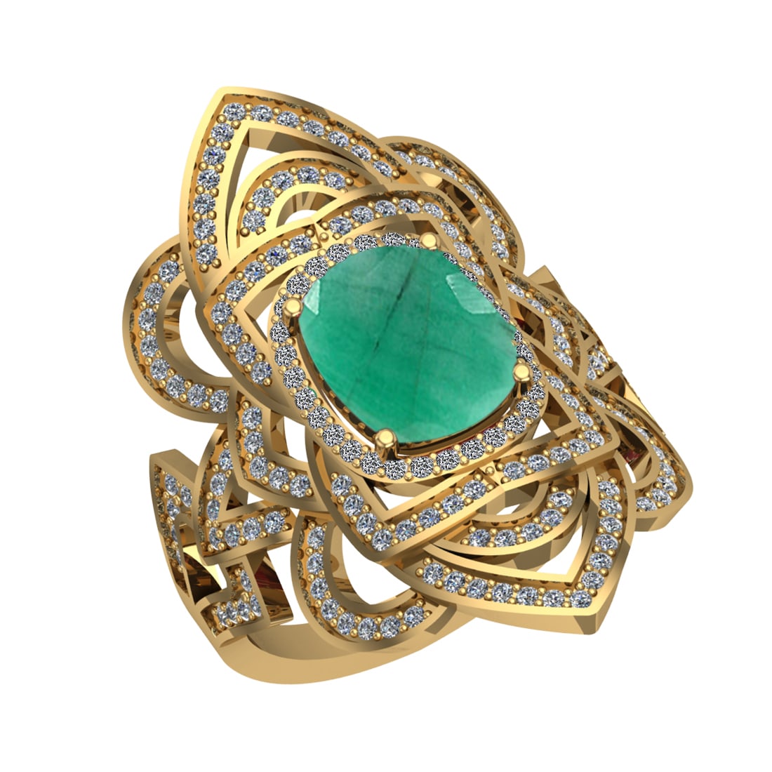 3.40 Ctw VS/SI1 Emerald and Diamond 14k Yellow Gold Engagement Halo Ring (L: Center Stone Weight :- 2.50 Ctw ( Cushion Cut) Color :- Emerald Center Stone Setting : Prong Side Diamond Weight Of Ctw 0.90 Ctw Color : G-H Clarity : VS/SI1 Stone Setting : Prong Metal Weight :