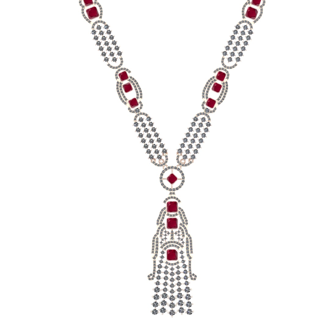 10.25 Ctw VS/SI1 Ruby and Diamond 14k Rose Gold Necklace ALL DIAMOND ARE LA: Center Stone Weight :- 3.57 Ctw ( Square Cut) Color :- Ruby Center Stone Setting : Prong Side Diamond Weight Of Ctw 6.68 Ctw Color : G-H Clarity : VS/SI1 Stone Setting : Prong Metal Weight : Approx 19