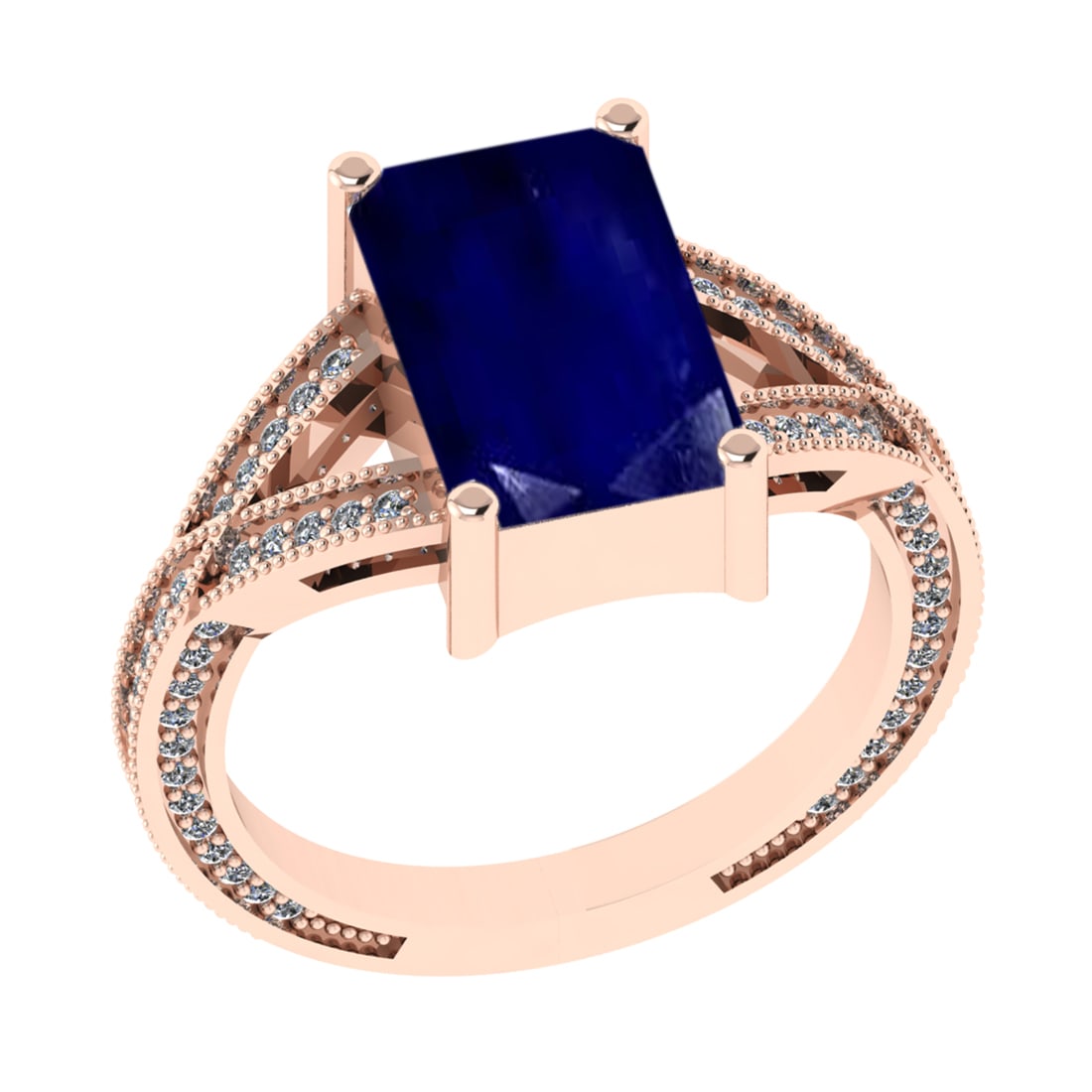 2.95 Ctw VS/SI1 Blue Sapphire and Diamond 14k Rose Gold Engagement Ring (LA: Center Stone Weight :- 2.50 Ctw ( Emerald Cut) Color :- Blue Sapphire Center Stone Setting : Prong Side Diamond Weight Of Ctw 0.45 Ctw Color : G-H Clarity : VS/SI1 Stone Setting : Prong Metal Weight