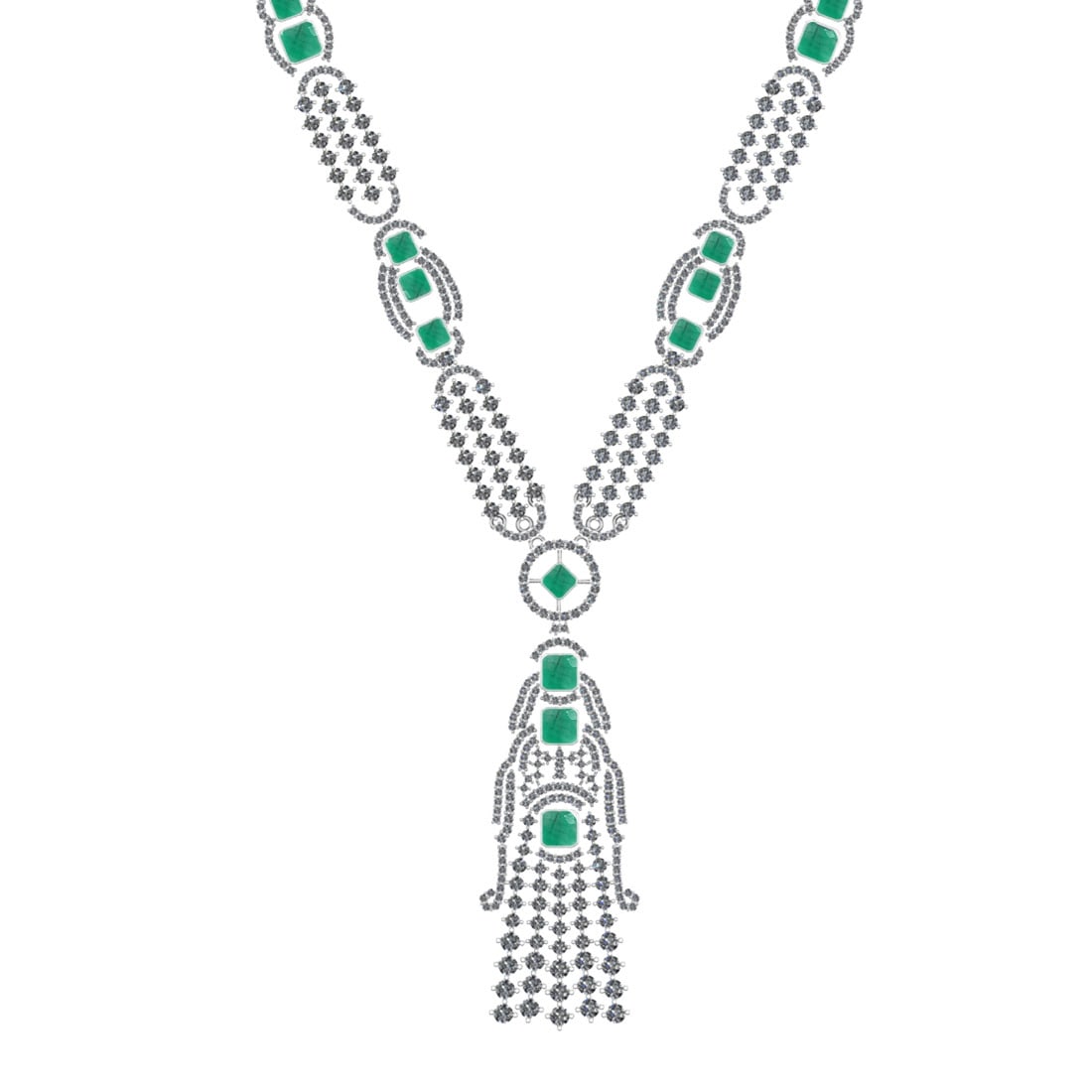 10.25 Ctw VS/SI1 Emerald and Diamond 14k White Gold Necklace ALL DIAMOND AR: Center Stone Weight :- 3.57 Ctw ( Square Cut) Color :- Emerald Center Stone Setting : Prong Side Diamond Weight Of Ctw 6.68 Ctw Color : G-H Clarity : VS/SI1 Stone Setting : Prong Metal Weight :