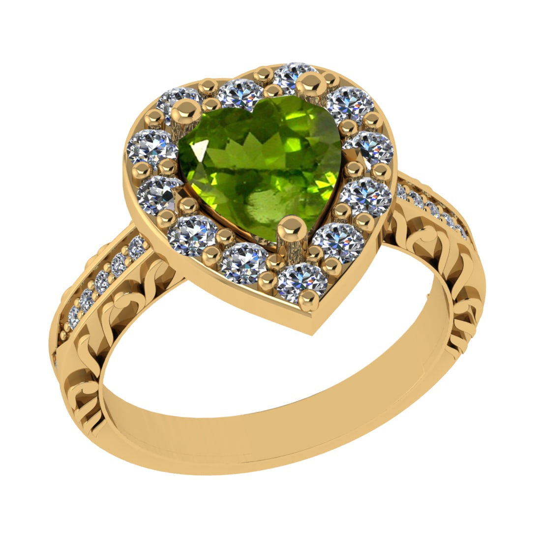 2.52 Ctw VS/SI1 Peridot And Diamond 14K Yellow Gold Engagement Ring( ALL DI: Center Stone Weight : 1.50 Ctw ( Heart Cut ) Center Stone Color : Peridot Stone Setting : Prong Side Diamond Weight Of Ctw 1.02 Ctw Side Stone Color : J-K Stone Clarity : VS/SI1 Stone Setting : Prong 