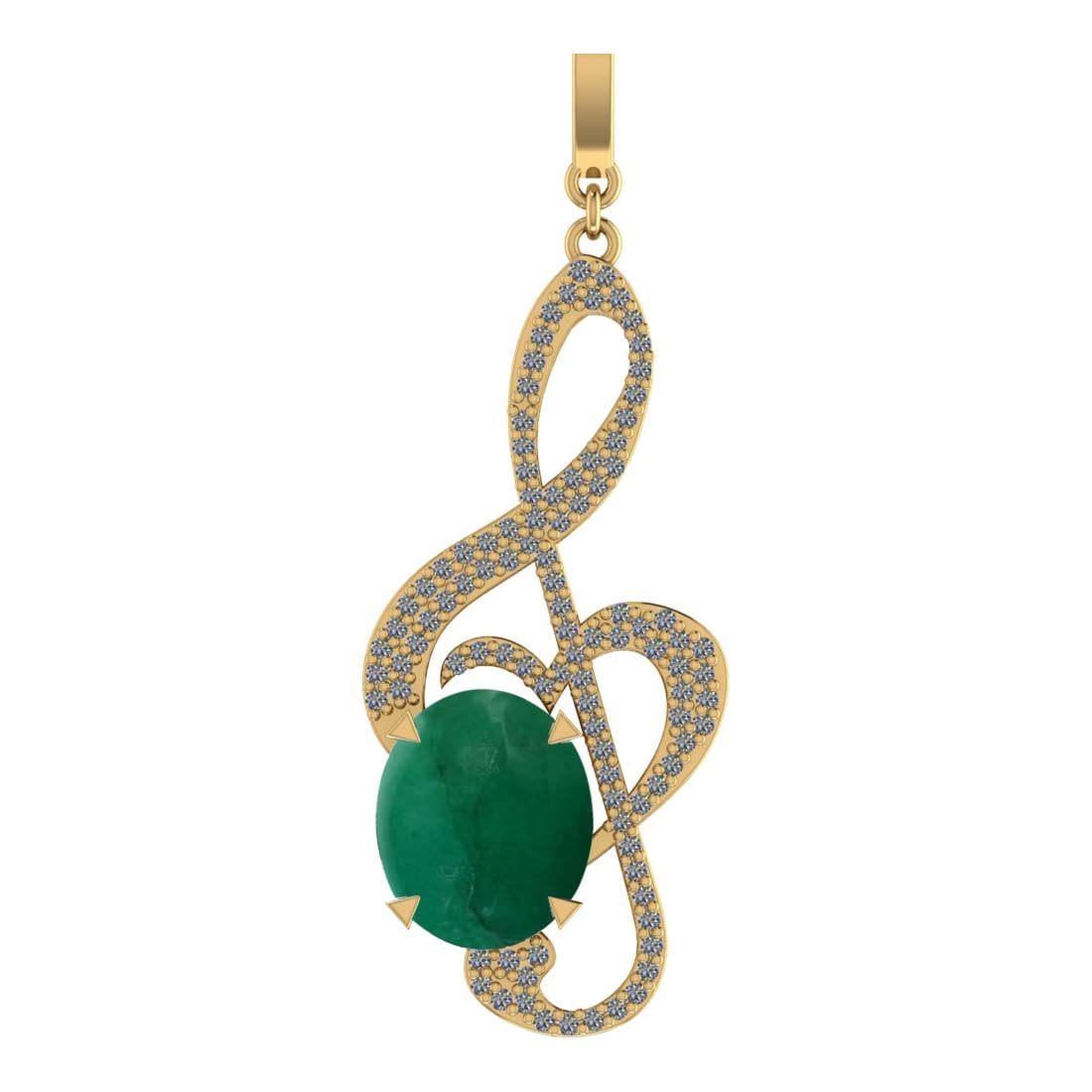 10.93 Ctw VS/SI1 Emerald and Diamond Prong Set 14k Yellow Gold Pendant (ALL: Center Stone Weight :-10.13 Ctw ( Oval Cab ) Center Stone Color :-Emerald Center Stone Setting : Prong Side Diamond Weight Of Ctw :- 0.80 Ctw Color : J-K Clarity : VS/SI1 Daimond Setting : Prong Metal