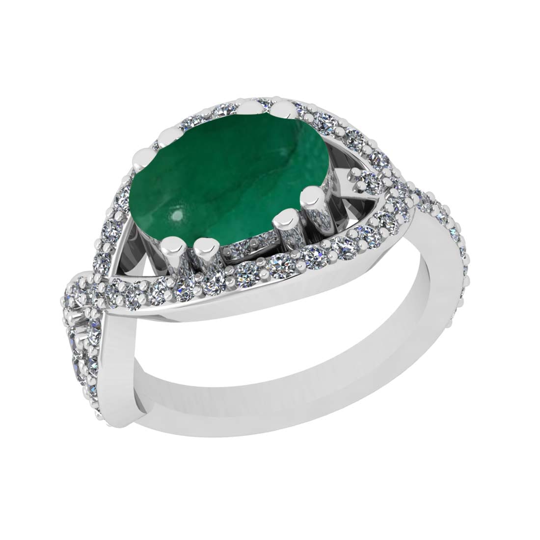 4.18 Ctw VS/SI1 Emerald and Diamond Prong Set 14k White Gold Engagement Rin: Center Stone Weight :-3.07 Ctw ( Oval Cab ) Center Stone Color :-Emerald Center Stone Setting : Prong Side Diamond Weight Of Ctw :- 1.11 Ctw Color : J-K Clarity : VS/SI1 Daimond Setting : Prong Metal 