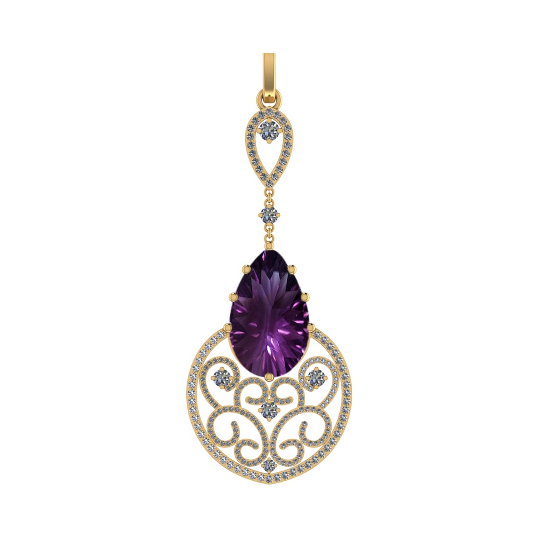 99.08 Ctw SI2/SI1 Amethyst and Diamond Prong Set 14k Yellow Gold Pendant (A: Center Stone Weight :-91.11 Ctw ( Pear Cut) Center Stone Color :-Amethyst Center Stone Setting : Prong Side Diamond Weight Of Ctw 7.97 Ctw Color : F-G Clarity : SI2/SI1 Stone Setting : Prong Metal Wei