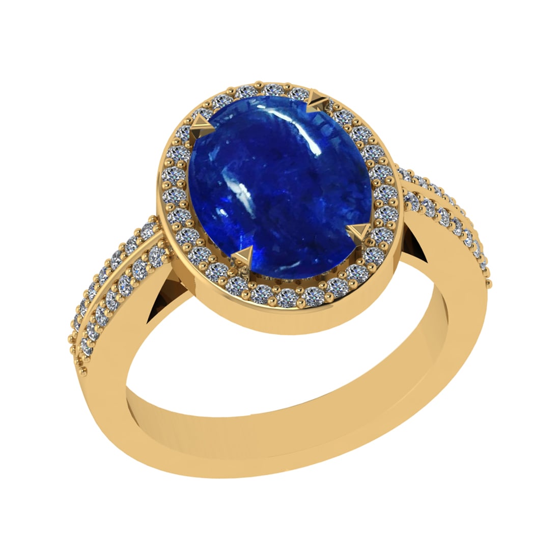 5.54 Ctw VS/SI1 Tanzanite and Diamond Prong Set 14K Yellow Gold Engagement: Color Stone Weight : 5.02 Ctw (Oval Cab) Stone Color :- Tanzanite Center Stone Setting : Prong Side Weight Of Ctw 0.52 Ctw Color : J-K Clarity : VS/SI1 Stone Setting : Prong Metal Weight : Approx