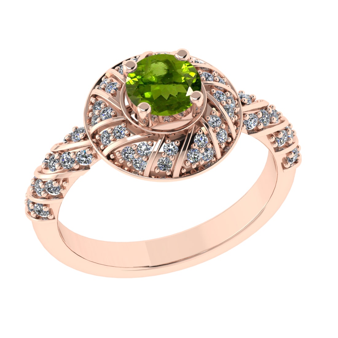 1.03 Ctw VS/SI1 Peridot and Diamond Set 10K Rose Gold Engagement Ring (ALL: Center Stone Weight :-0.66 Ctw ( Round Cut) Center Stone Color :-Peridot Center Stone Setting : Prong Side Diamond Weight Of Ctw 0.37 Ctw Color : J-K Clarity : VS/SI1 Daimond Setting : Prong Metal Wei