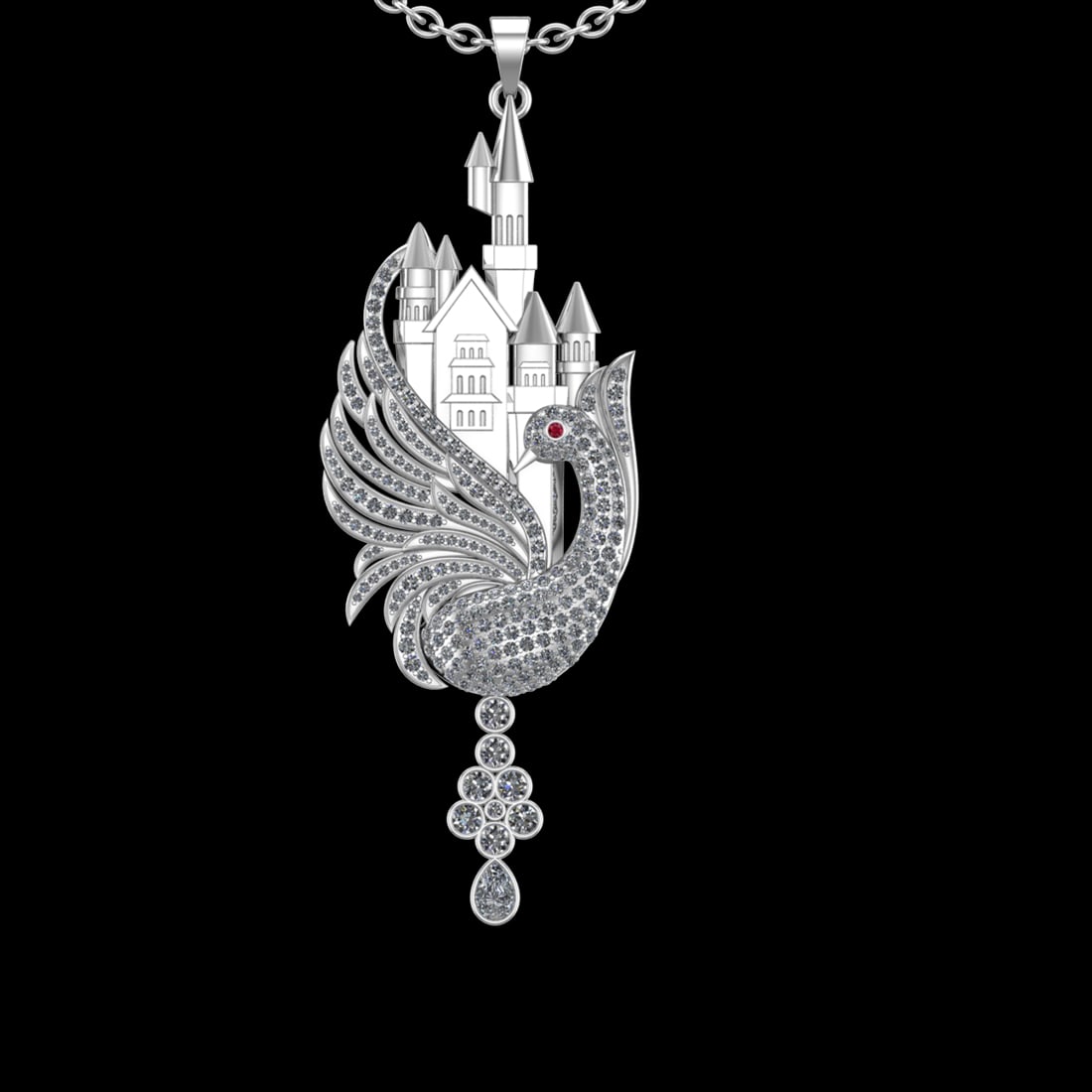 4.51 Ctw VS/SI1 Diamond 10k White Gold Birds theme Pendant (ALL DIAMOND ARE: Eye stone Weight :- 0.01 ctw Eye Stone Color :- Ruby Total Diamond Weight :-4.50 Ctw (Round cut) Color :- J-K Clarity : VS/SI1 Setting : Prong Metal Weight : Approx 32.90gram 10k White Gold Birds