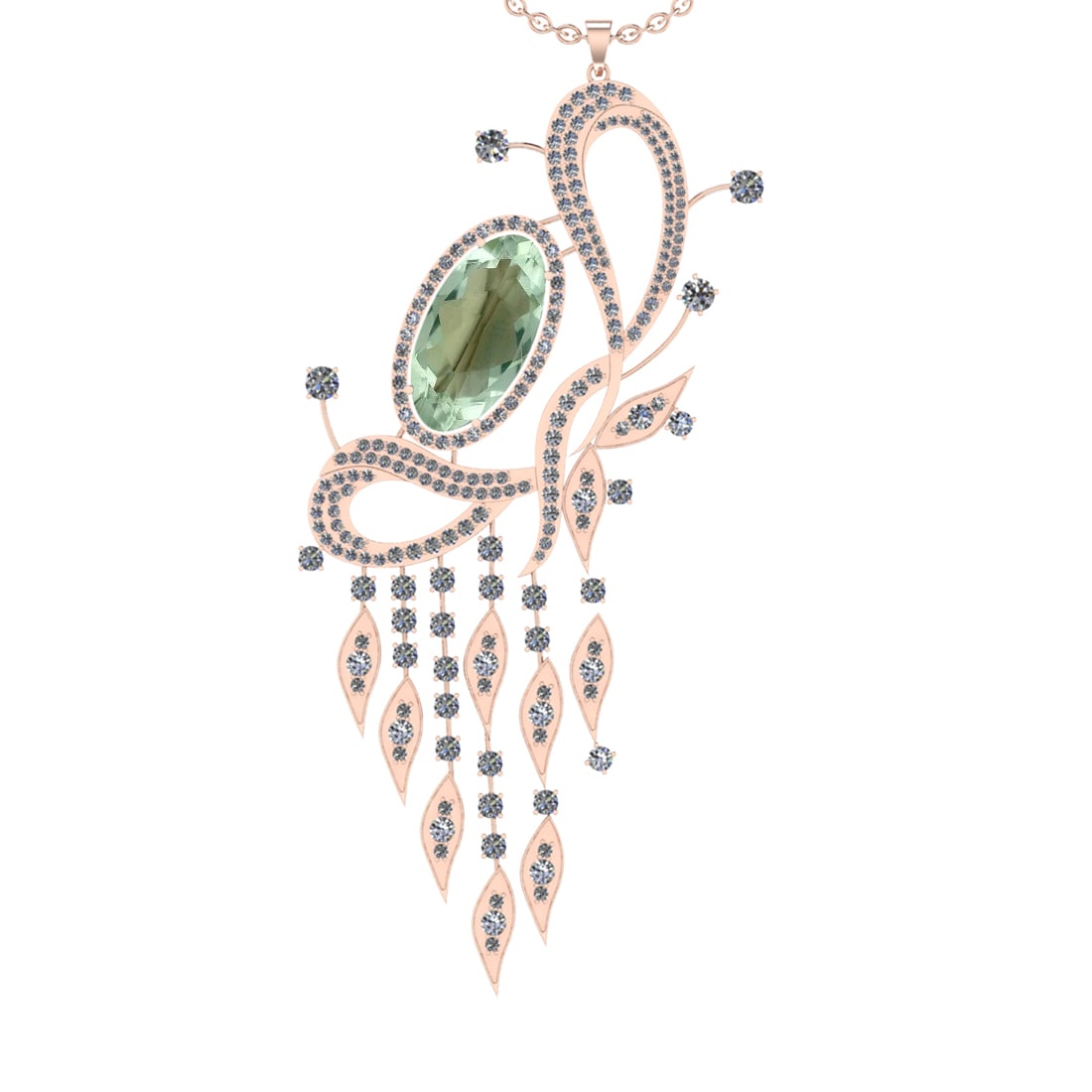 22.71 Ctw I2/I3 Green Amethyst And Diamond 10K Rose Gold Necklace(ALL DIAMO: Center Stone Weight : 15.22 Ctw ( Oval Cut ) Center Stone Color : Green Amethyst Stone Setting : Prong Side Diamond Weight Of Ctw 7.49 Ctw Side Stone Color : J-K Stone Clarity : I2/I3 Stone Setting : 