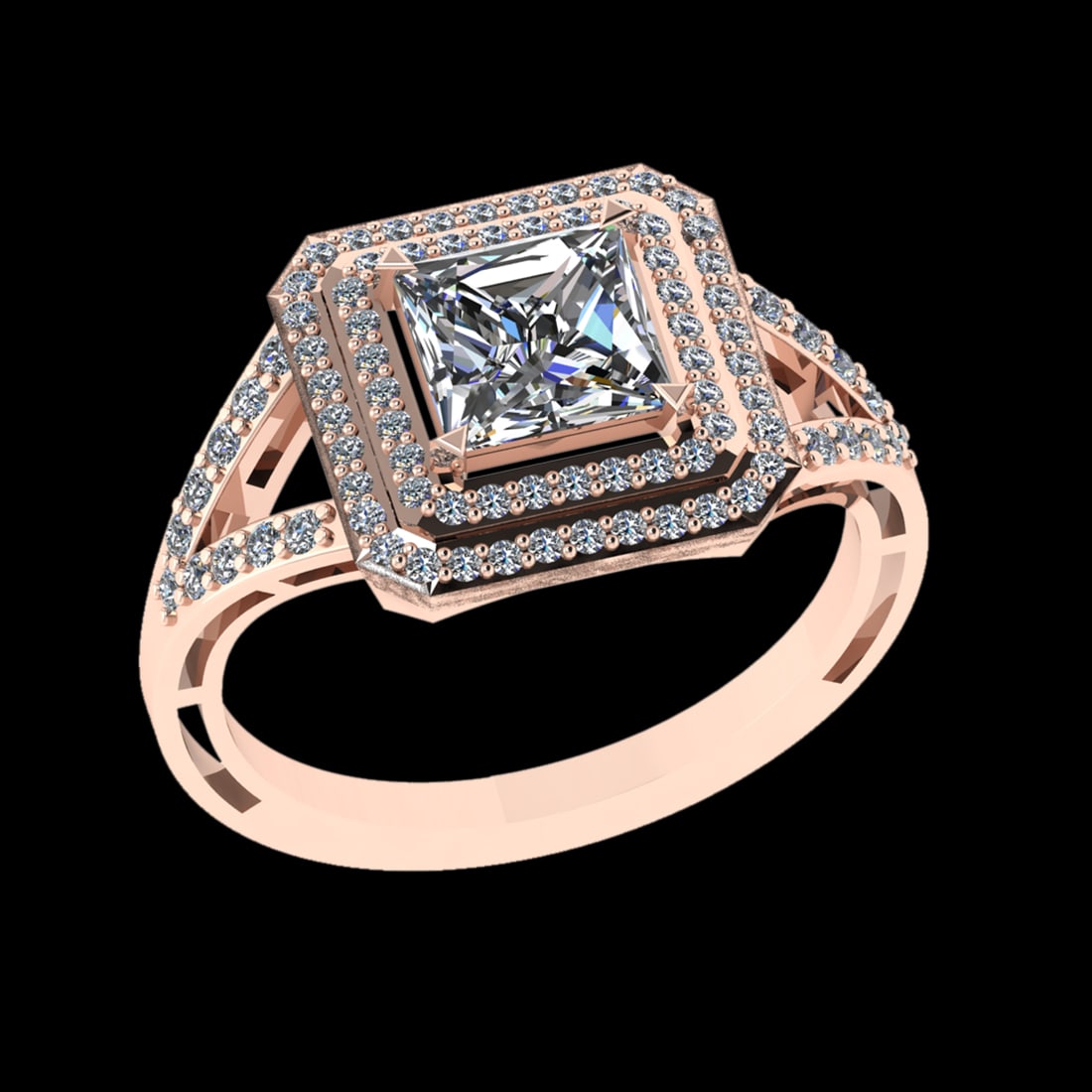 1.64 Ctw VS/SI1 Diamond 14 K Rose Gold Engagement Ring (ALL DIAMOND ARE LAB: Center Diamond Weight : 1.10 Ctw (Princess Cut) Center Diamond Color :-G-H Center Stone Setting : Prong Clarity : VS/SI1 Total Weight Of Ctw 0.54 Ctw Color : G-H Clarity : VS/SI1 Stone Setting :