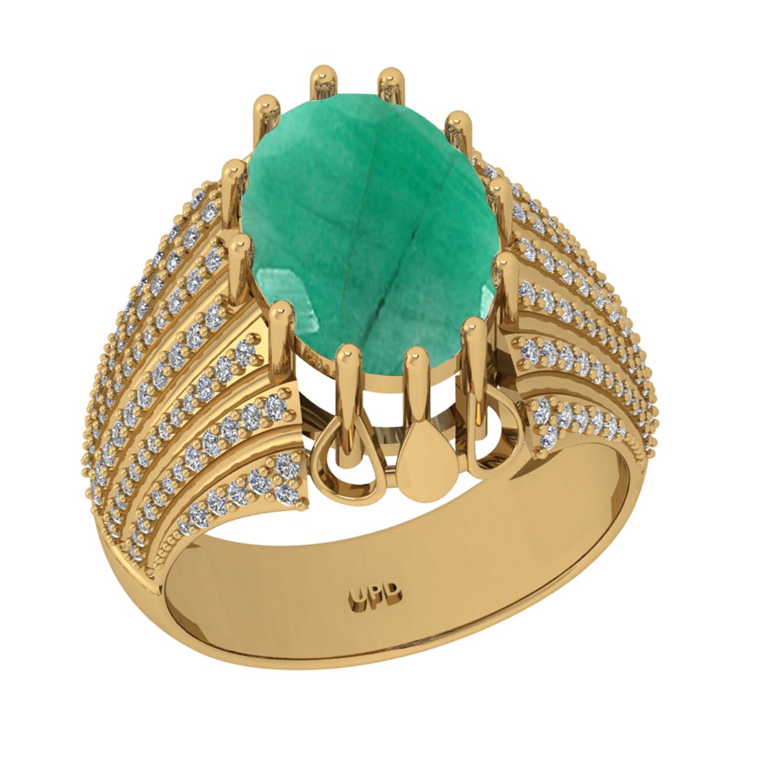 5.06 Ctw VS/SI1 Emerald And Diamond 14K Yellow Gold Engagement Ring: Center Stone Weight : 4.50 Ctw (Oval Cut ) Center Stone Color : Emerald Stone Setting : Prong Side Diamond Weight Of Ctw 0.56 Ctw Side Stone Color : G-H Stone Clarity : VS/SI1 Stone Setting : Prong Me