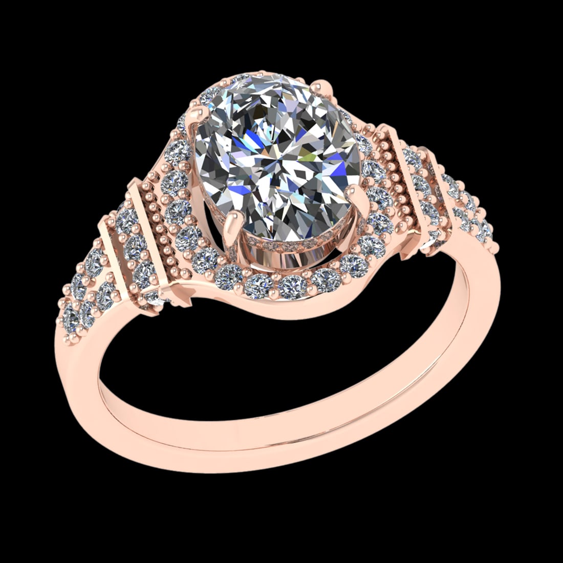 2.45 Ctw VS/SI1 Diamond Prong Set 10k Rose Gold Engagement Ring (ALL DIAMON: Center Daimond Weight :-2.00 Ctw ( Oval Cut) Color : J-K Clarity : VS/SI1 Side Diamond Weight Of Ctw 0.45 Ctw Color : J-K Clarity : VS/SI1 Daimond Setting : Prong Metal Weight : Approx 4.33 gram 10k