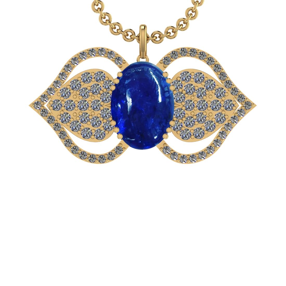 30.00 Ctw VS/SI1 Tanzanite and Diamond 14K Yellow Gold Pendant: Center Stone Weight : 23.98 Ctw ( Oval Cab) Center Stone Color :-Tanzanite Setting : Prong Side Weight Of Ctw 6.02 Ctw Color : J-K Clarity :VS/SI1 Stone Setting : Prong Metal Weight : Approx 15.90