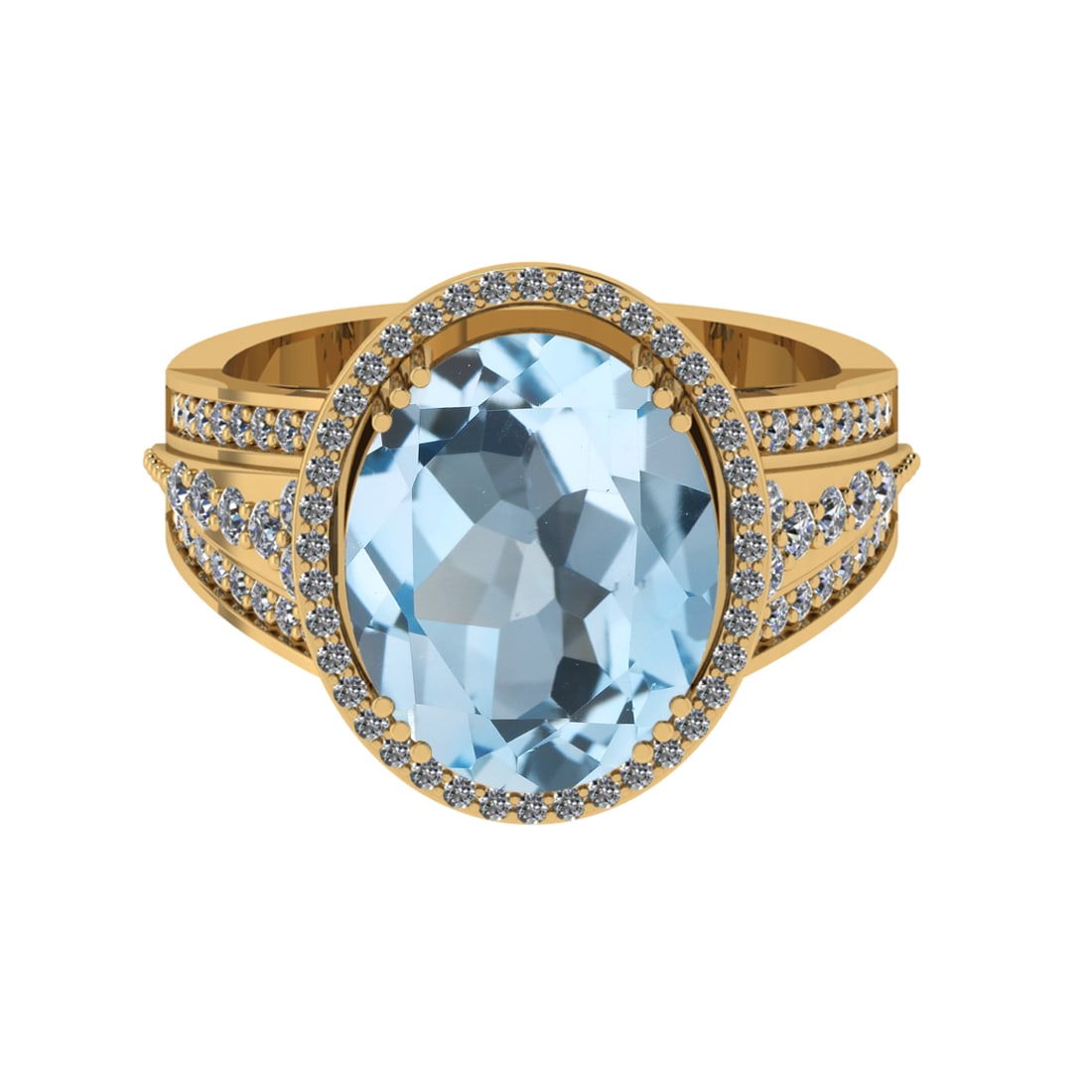 5.60 Ctw VS/SI1 Blue Topaz And Diamond 14K Yellow Gold Engagement Ring( ALL: Center Stone Weight : 5.00 Ctw ( Oval Cut ) Center Stone Color : Blue Topaz Stone Setting : Prong Side Diamond Weight Of Ctw 0.60 Ctw Side Stone Color : J-K Stone Clarity : VS/SI1 Stone Setting :