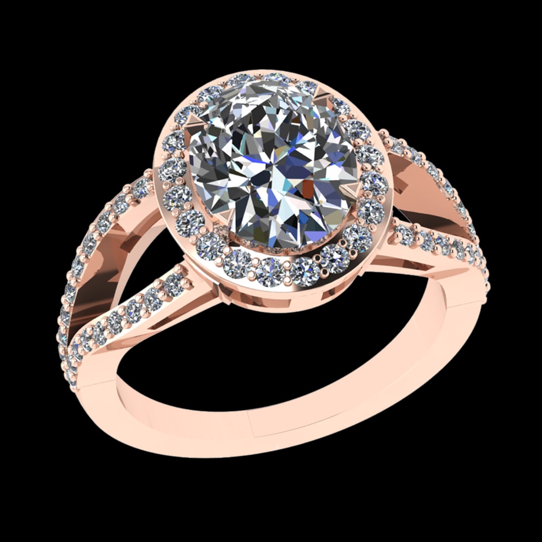 3.08 Ctw VS/SI1 Diamond 10K Rose Gold Engagement Ring (ALL DIAMOND ARE LAB: Center Daimond Weight :-2.50 Ctw ( Oval Cut) Color : G-H Clarity : VS/SI1 Side Diamond Weight Of Ctw 0.58 Ctw Color : G-H Clarity : VS/SI1 Daimond Setting : Prong Metal Weight : Approx 5.48 gram 10K R