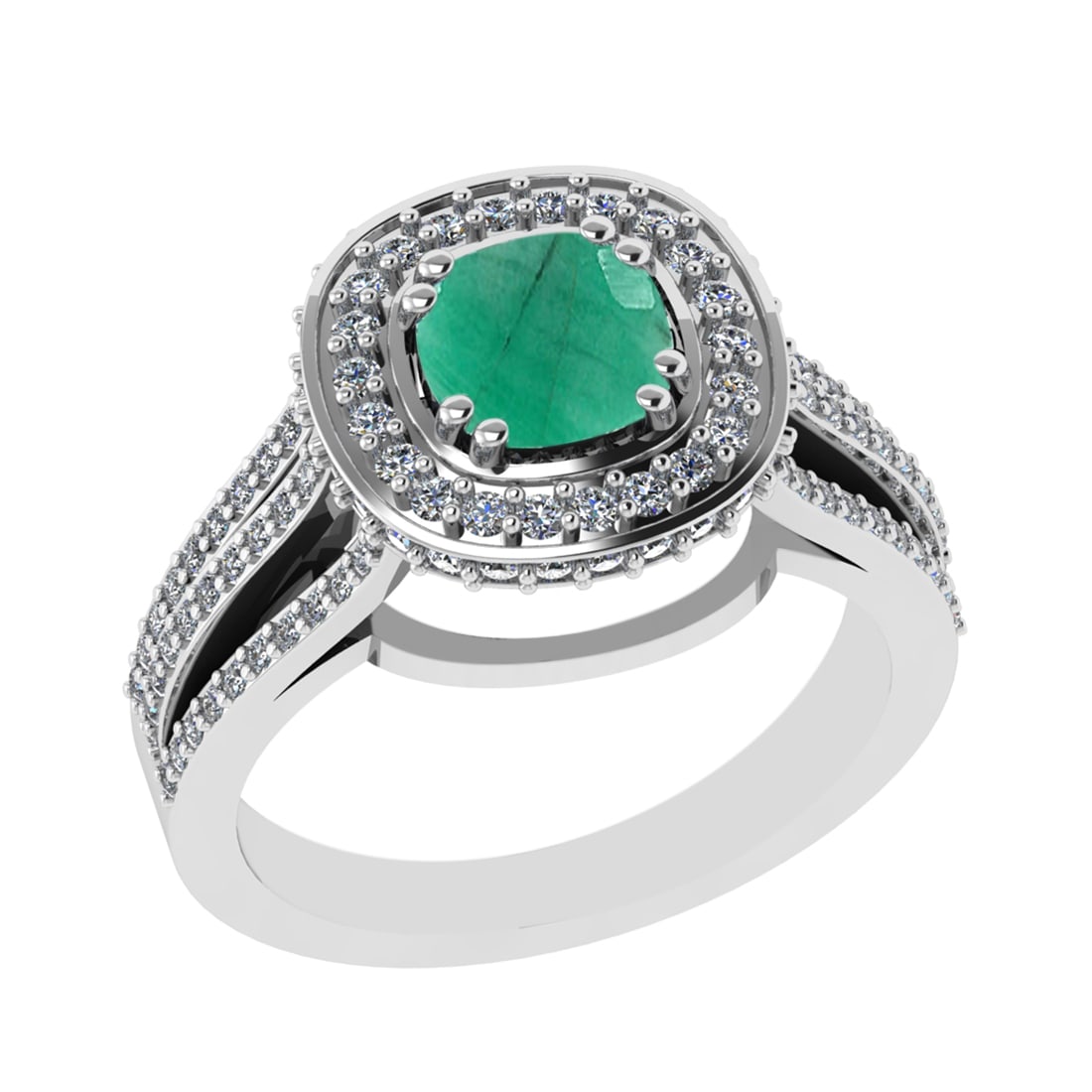 1.81 Ctw VS/SI1 Emerald and Diamond 14k White Gold Engagement Halo Ring (LA: Center Stone Weight :- 1.00 Ctw ( Cushion Cut) Color :- Emerald Center Stone Setting : Prong Side Diamond Weight Of Ctw 0.81 Ctw Color : G-H Clarity : VS/SI1 Stone Setting : Prong Metal Weight : Appro
