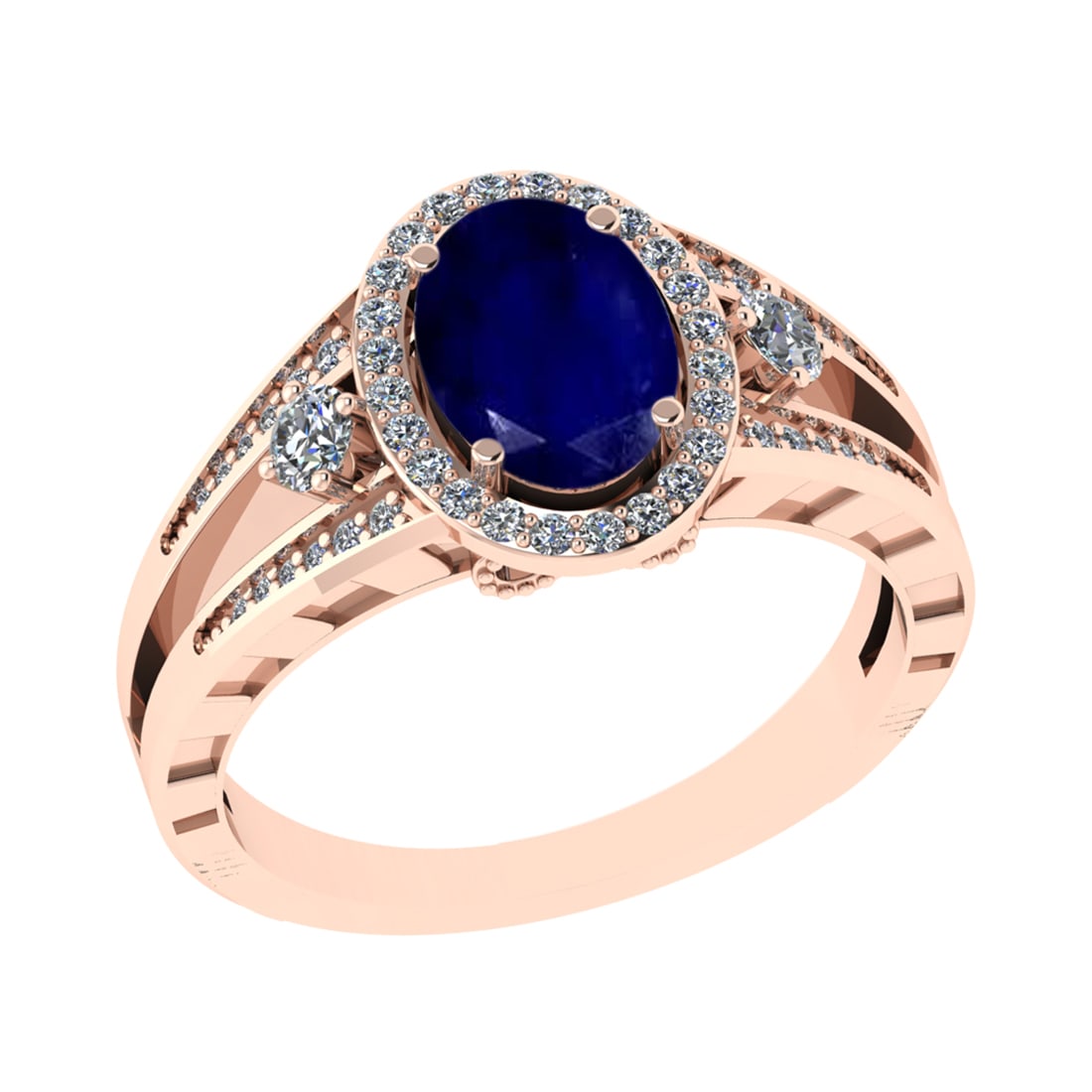 1.61 Ctw VS/SI1 Blue Sapphire and Diamond 14k Rose Gold Engagement Halo Rin: Center Stone Weight :- 1.25 Ctw ( Oval Cut) Color :- Blue Sapphire Center Stone Setting : Prong Side Diamond Weight Of Ctw 0.36 Ctw Color : G-H Clarity : VS/SI1 Stone Setting : Prong Metal Weight :