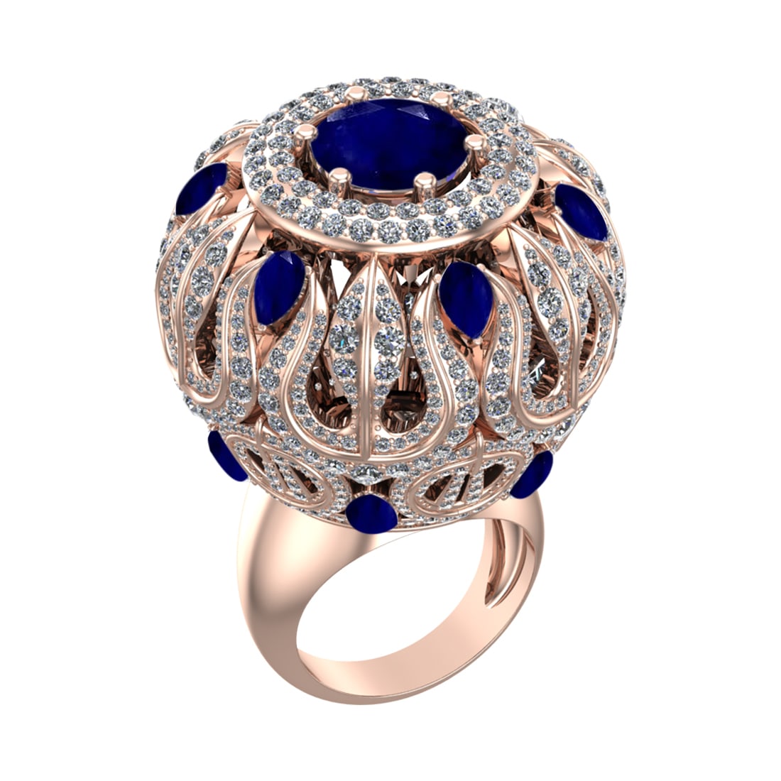 17.72 Ctw VS/SI1 Blue Sapphire and Diamond 14k Rose Gold Engagement Ring(AL: Center Stone Weight :-9.84 Ctw ( Round & Pear Cut) Center Stone Color :-Blue Sapphire Center Stone Setting : Prong Side Diamond Weight Of Ctw :- 7.88 Ctw Color : J-K Clarity : VS/SI1 Daimond Setting