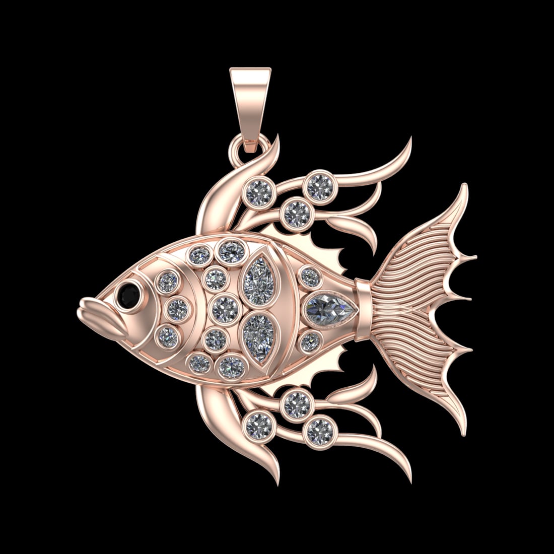 1.89 Ctw SI1/SI2Diamond Prong Set 10k Rose Gold Fish Theme Pendant (ALL DIA: Eye Stone Weight :- 0.05 ctw Eye Stone Color :- Treated Fancy Black Diamond Total Daimond Weight :-1.83 Ctw Color : J-K Clarity : SI1/SI2 Setting : Prong Metal Weight : Approx 19.66 gram 10k Rose Gold
