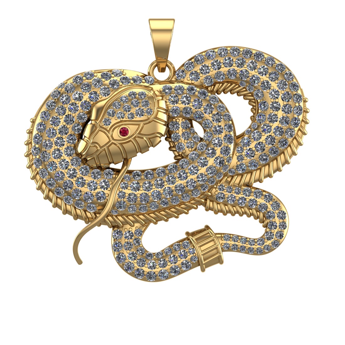 5.35 Ctw VS/SI1 Diamond 14k Yellow Gold Snake theme Pendant (ALL DIAMOND AR: Eye Stone Weight :- 0.01 ctw Eye Stone Color :- (Ruby) Total Daimond Weight :-5.34 Ctw Color : J-K Clarity : VS/SI1 Setting : Prong Metal Weight : Approx 34.56 gram 14k Yellow Gold Snake theme