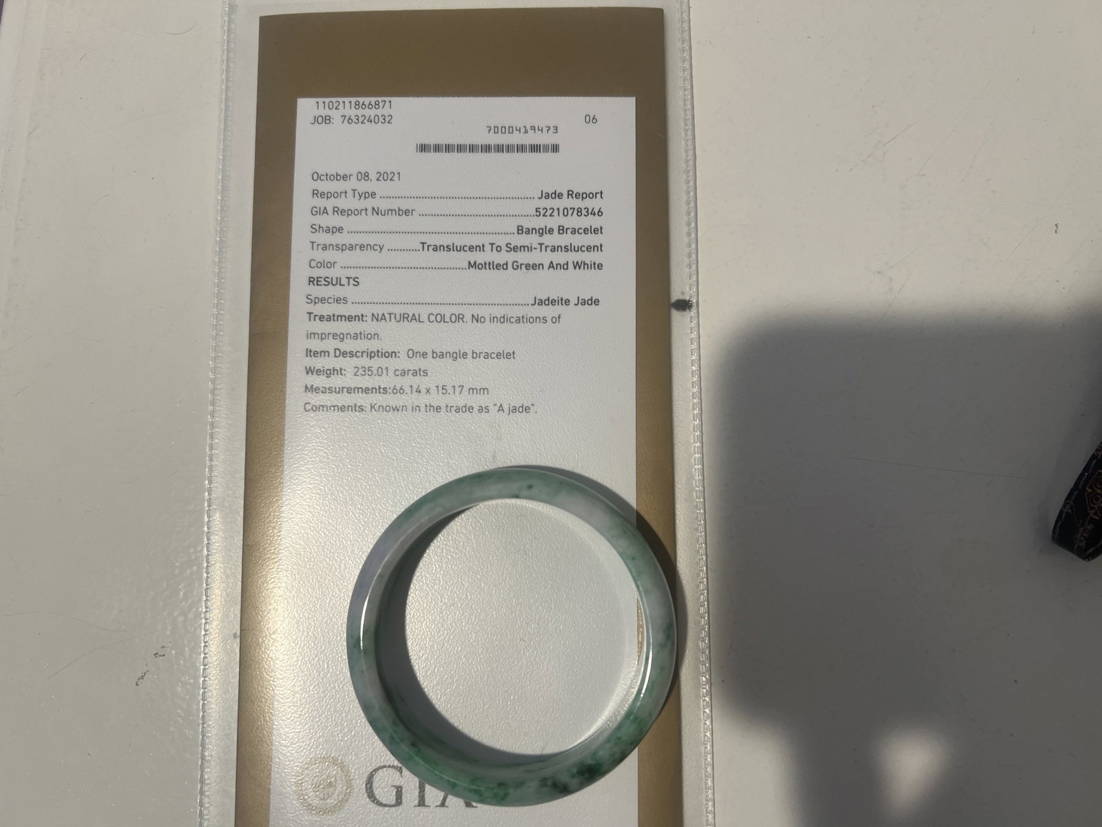 Natural Gia Certified jadeite Jade Bangle: Natural Gia Certified jadeite Jade Bangle #3SS27993v8