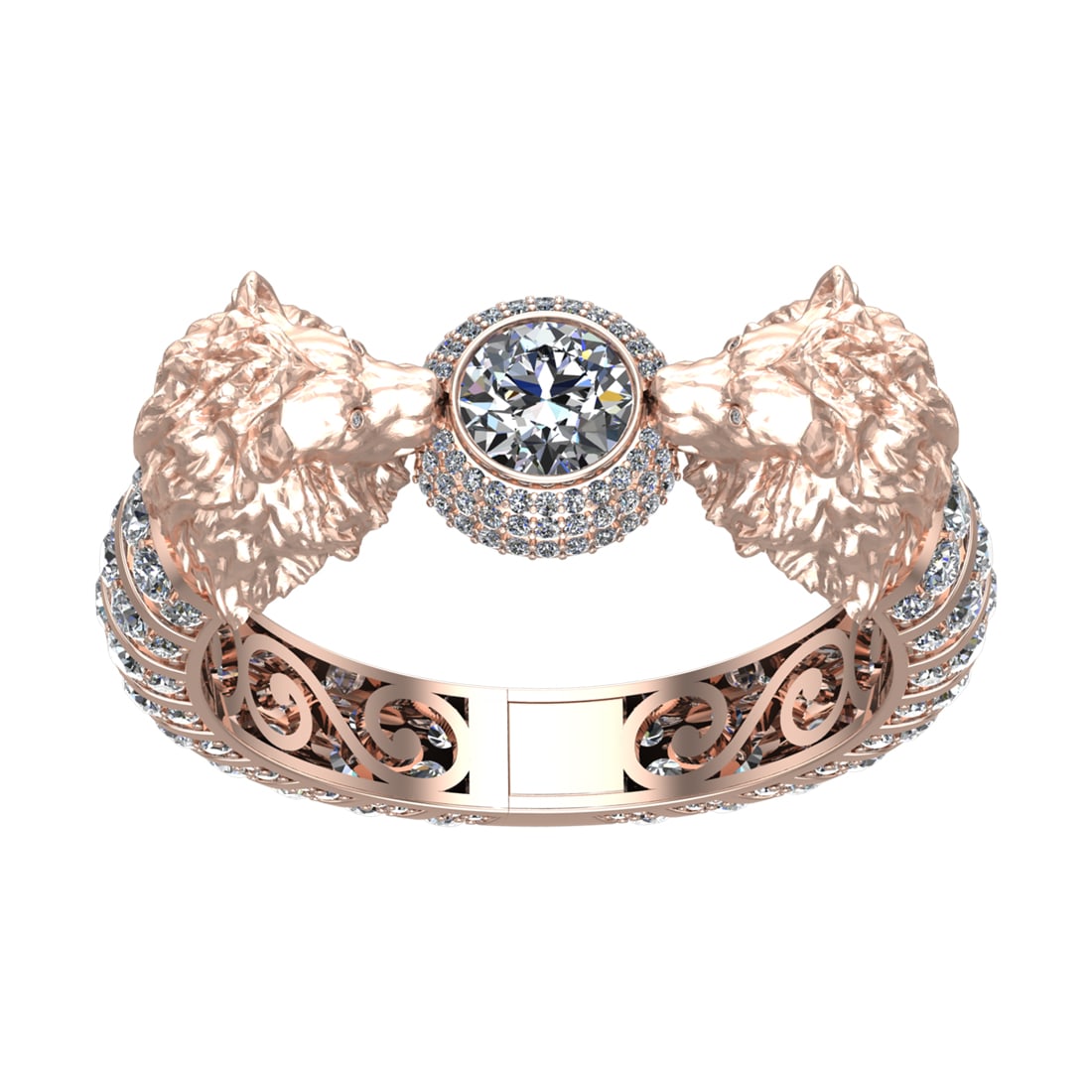 41.73 Ctw VS/SI1 Diamond 14k Rose Gold Creature Theme lion Bracelet Bangle: Center Daimond Weight :-3.20 Ctw ( Round Cut) Color : G-H Clarity : VS/SI1 Side Diamond Weight Of Ctw 38.53 Ctw Color : G-H Clarity : VS/SI1 Daimond Setting : Prong Metal Weight : Approx 12.97 gram