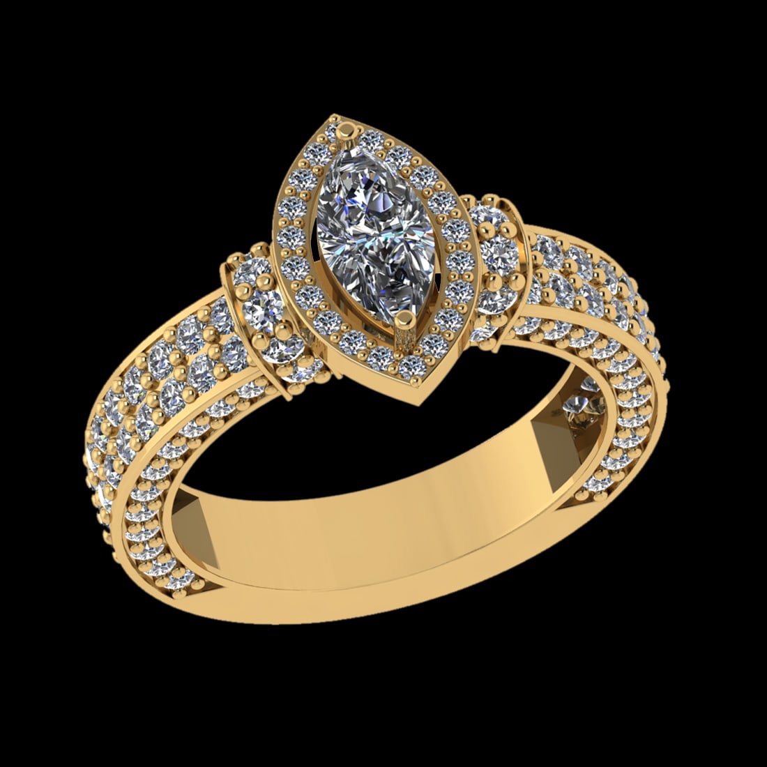 1.92 Ctw VS/SI1 Diamond 14 K Yellow Gold Engagement Ring (ALL DIAMOND ARE L: Center Diamond Weight : 0.50 Ctw (Marquise Cut) Center Color :-G-H Center Stone Clarity :- VS/SI1 Center Stone Setting : Prong Side Stone Weight Of Ctw 1.42 Ctw Side Stone Color : G-H Stone Clarity :