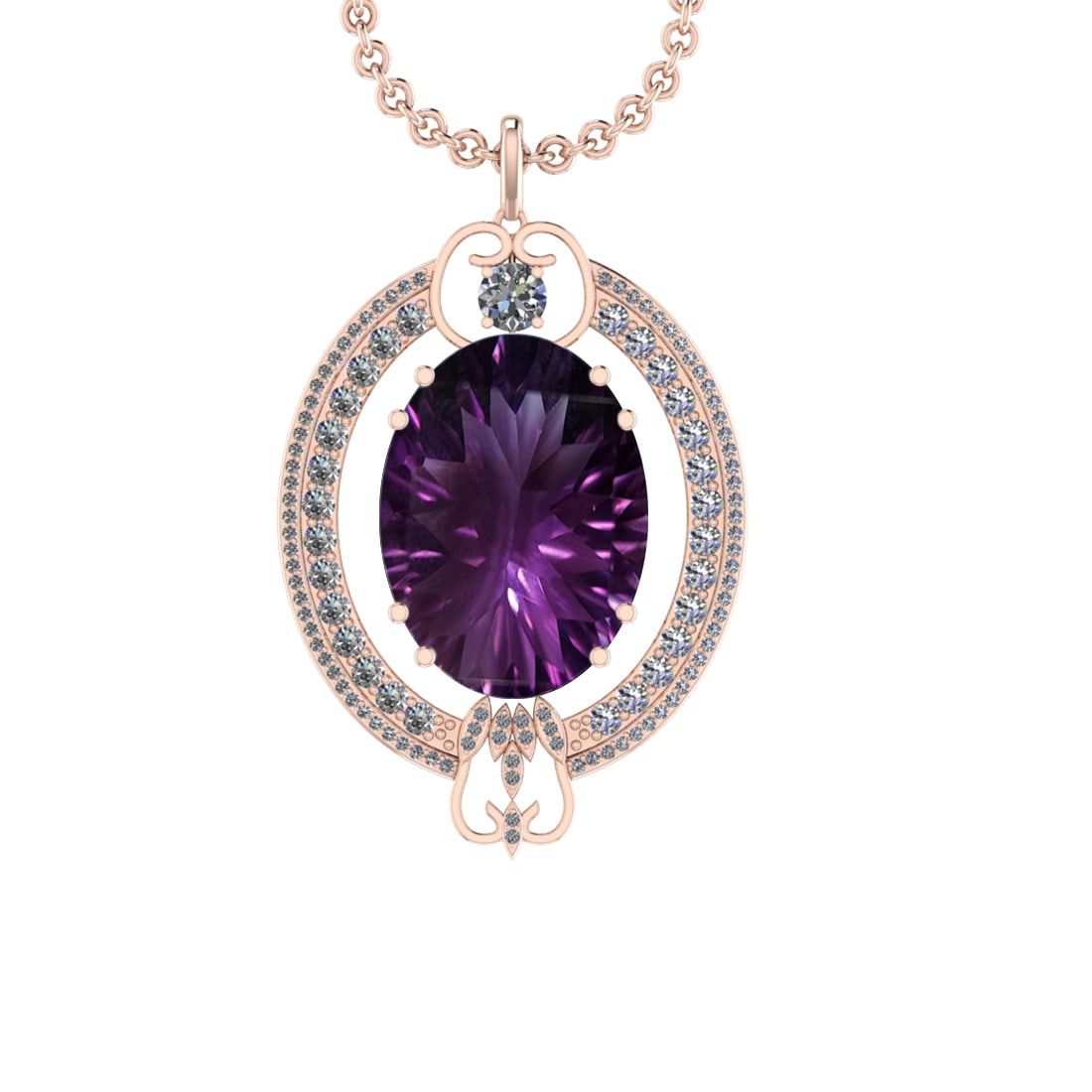 45.78 Ctw VS/SI1 Amethyst and Diamond 14K Rose Gold Pendant: Center Stone Weight : 42.84 Ctw ( Oval Cut) Center Stone Color :-Amethyst Setting : Prong Side Weight Of Ctw 2.94 Ctw Color : J-K Clarity : VS/SI1 Stone Setting : Prong Metal Weight : Approx 14.90