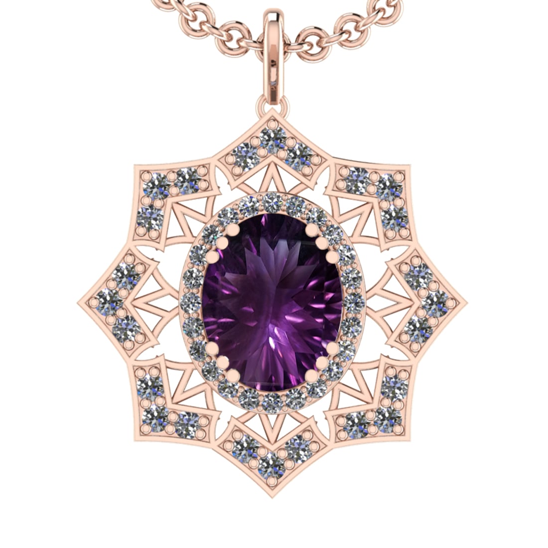 22.81 Ctw VS/SI1 Amethyst and Diamond 14K Rose Gold Pendant: Center Stone Weight : 20.97 Ctw ( Oval Cut) Center Stone Color :-Amethyst Setting : Prong Side Weight Of Ctw 1.84 Ctw Color : J-K Clarity : VS/SI1 Stone Setting : Prong Metal Weight : Approx 12.90 gra