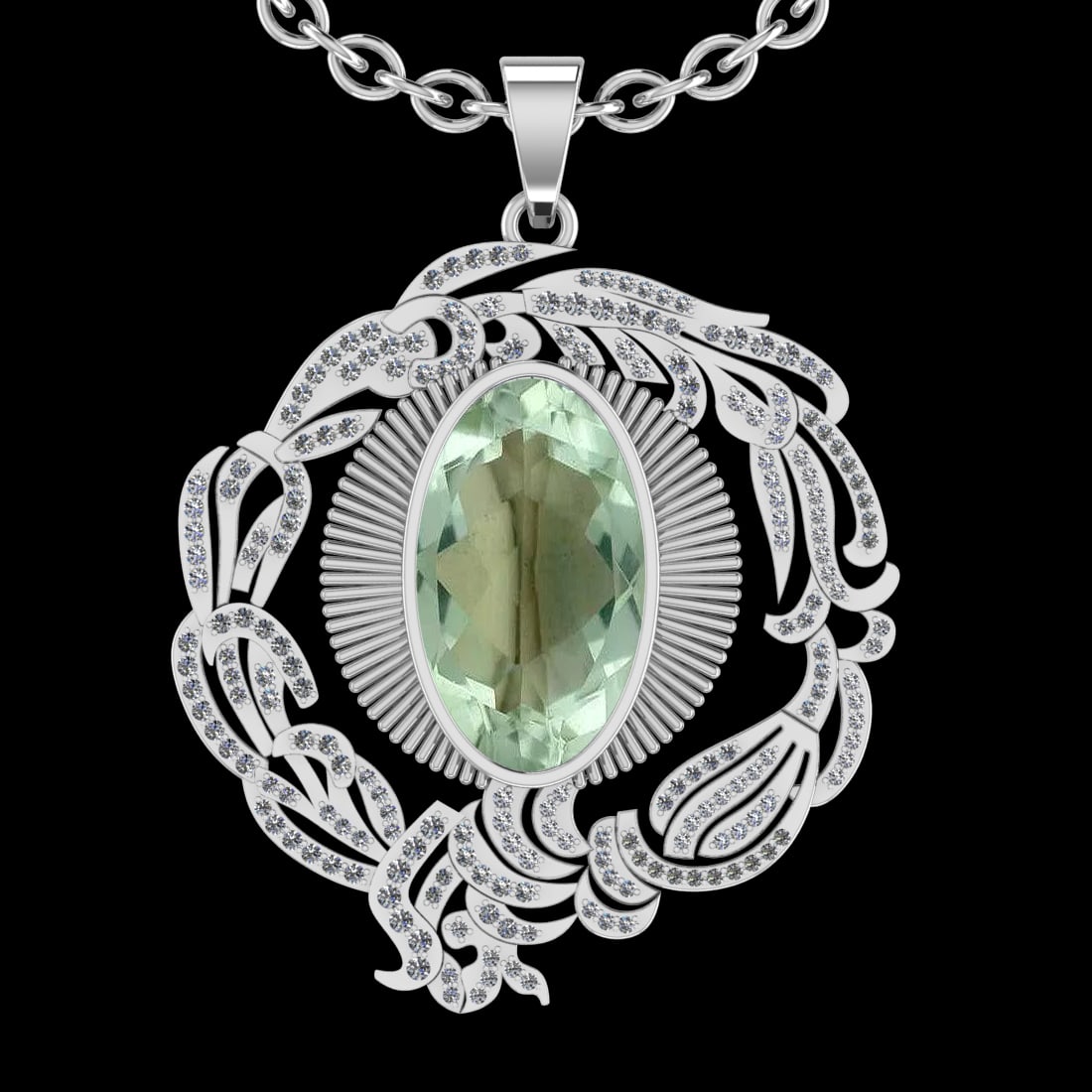 22.03 Ctw VS/SI1 Green Amethyst And Diamond 14k White Gold Pendant Neklace(: Center Stone Weight : 20.68 Ctw ( Oval Cut ) Center Stone Color : Green Amethyst Stone Setting : Prong Side Diamond Weight Of Ctw 1.35 Ctw Side Stone Color : J-K Stone Clarity : VS/SI1 Stone Setting :