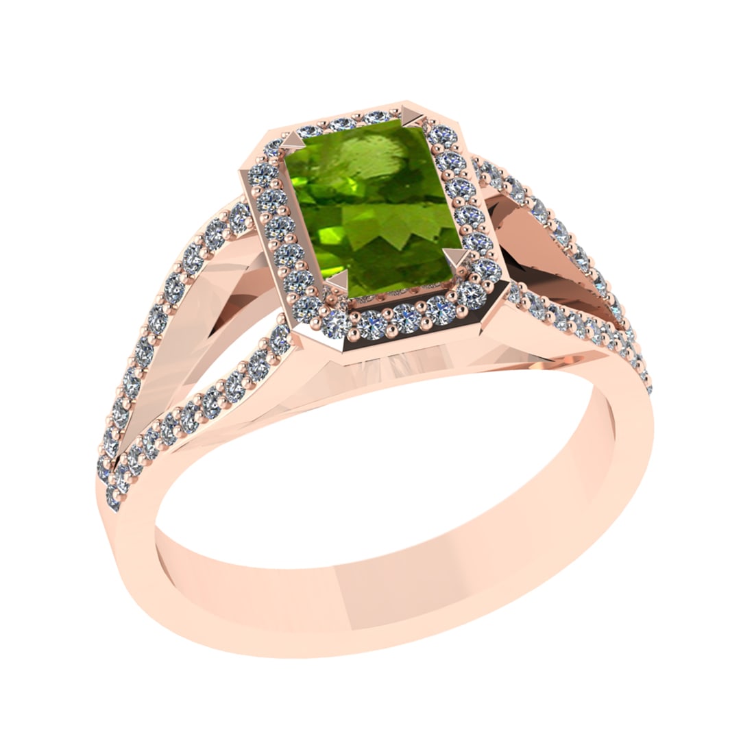 1.43 Ctw VS/SI1 Peridot and Diamond Set 10K Rose Gold Engagement Ring (ALL: Center Stone Weight :-1.00 Ctw ( Emerald Cut) Center Stone Color :-Peridot Center Stone Setting : Prong Side Diamond Weight Of Ctw 0.43 Ctw Color : J-K Clarity : VS/SI1 Daimond Setting : Prong Metal