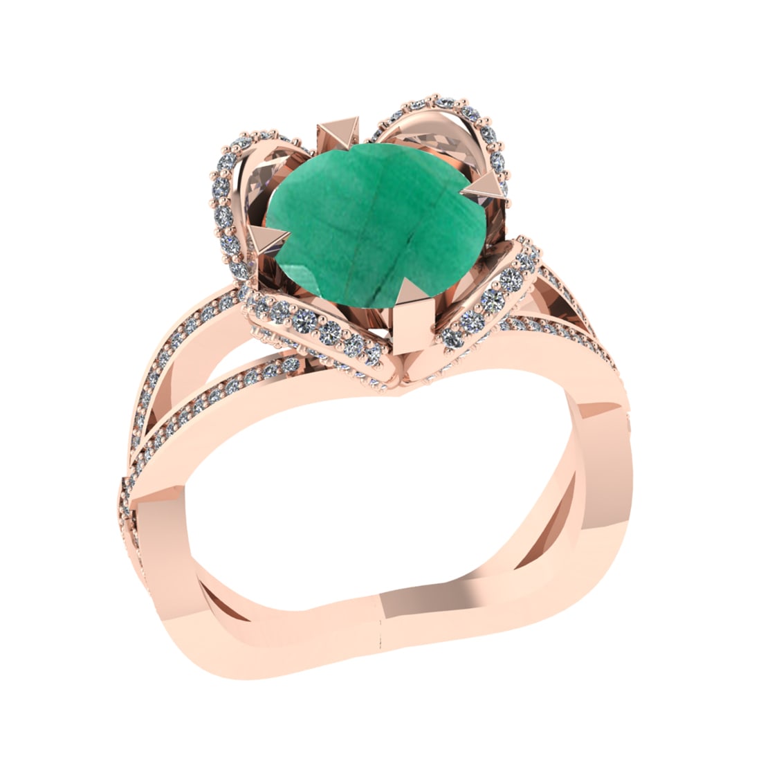 3.40 Ctw VS/SI1 Emerald and Diamond 14k Rose Gold Engagement Ring: Center Stone Weight :-2.75 Ctw ( Round Cut) Center Stone Color :-Emerald Center Stone Setting : Prong Side Diamond Weight Of Ctw :- 0.65 Ctw Color : J-K Clarity : VS/SI1 Daimond Setting : Prong Metal 
