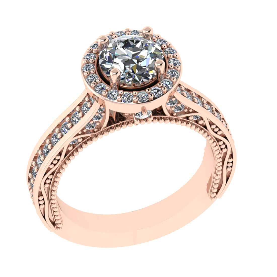 1.74 Ctw VS/SI1 Diamond Prong Set 18k Rose Gold Engagement Ring: Center Diamond Weight :-1.10 Ctw ( Round cut) Color :- G-H Clarity : VS/SI1 Center Stone Setting : Prong Side Diamond Weight Of Ctw 0.64 Ctw Color : G-H Clarity : VS/SI1 Stone Setting : Prong Metal