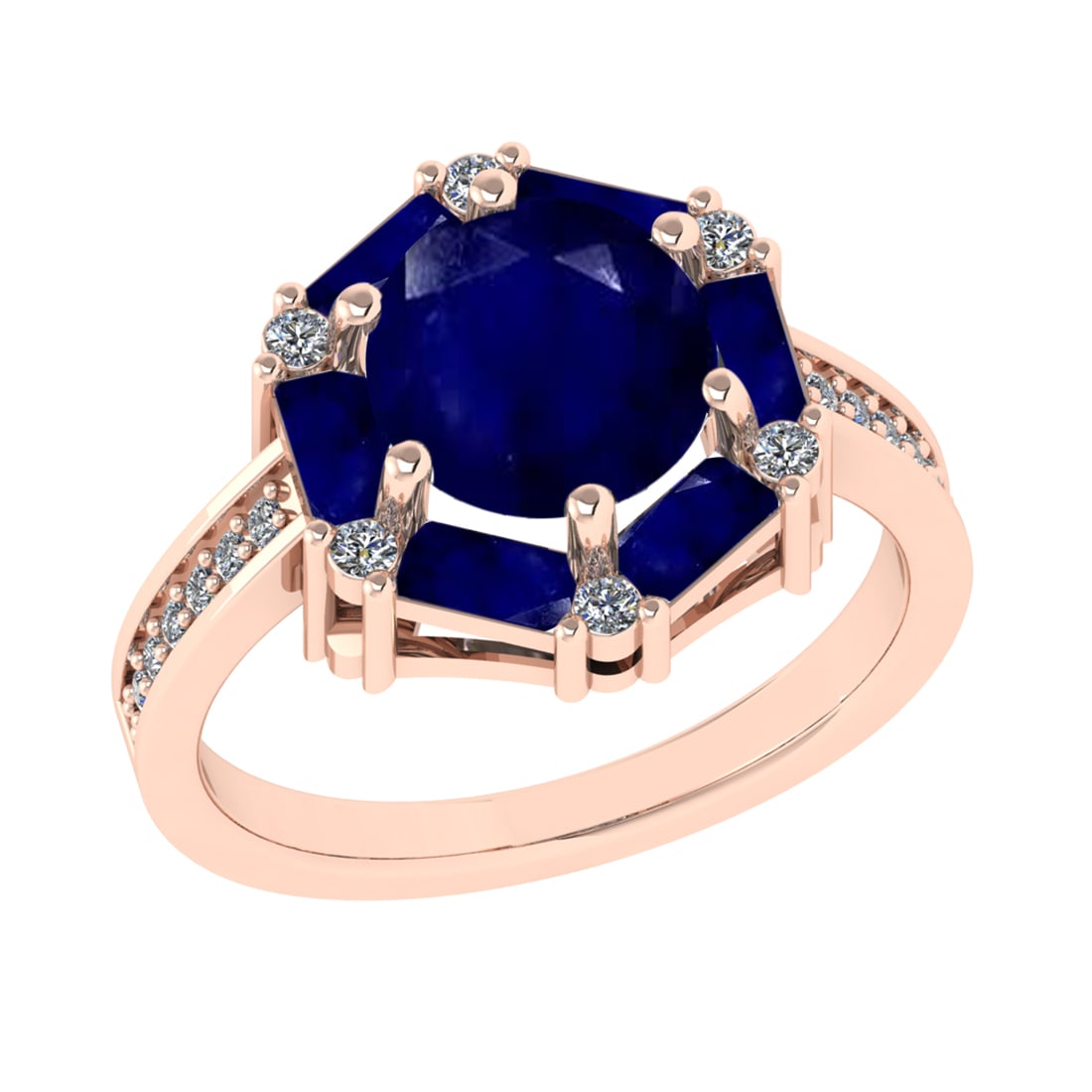 2.77 Ctw VS/SI1 Blue Sapphire and Diamond 14k Rose Gold Engagement Ring (AL: Center Stone Weight :-2.60 Ctw ( Round & Bug Cut) Center Stone Color :-Blue Sapphire Center Stone Setting : Prong Side Diamond Weight Of Ctw :- 0.17 Ctw Color : J-K Clarity : VS/SI1 Daimond Setting : 