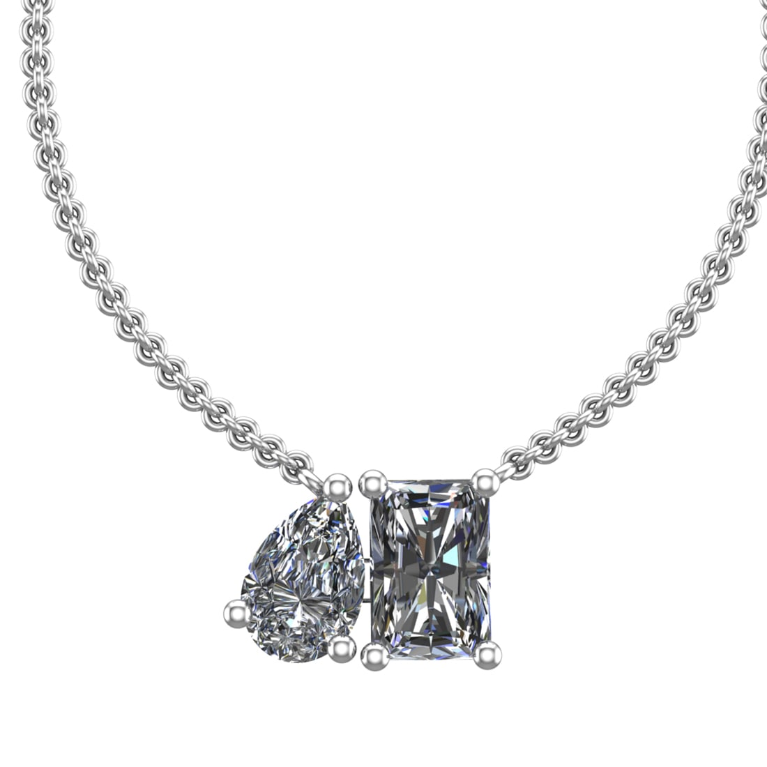 1.00 Ctw SI2/SI1 Diamond Prong Set 14K white Gold Two-Stone Pendant Necklac: Total Daimond Weight :-1.00 Ctw ( Pear & Emerald cut ) Color : G-H Clarity : SI2/SI1 Setting : Prong Metal Weight : Approx 2.04 gram 14K White Gold Two-Stone Pendant Necklace (ALL DIAMOND ARE LAB GROW