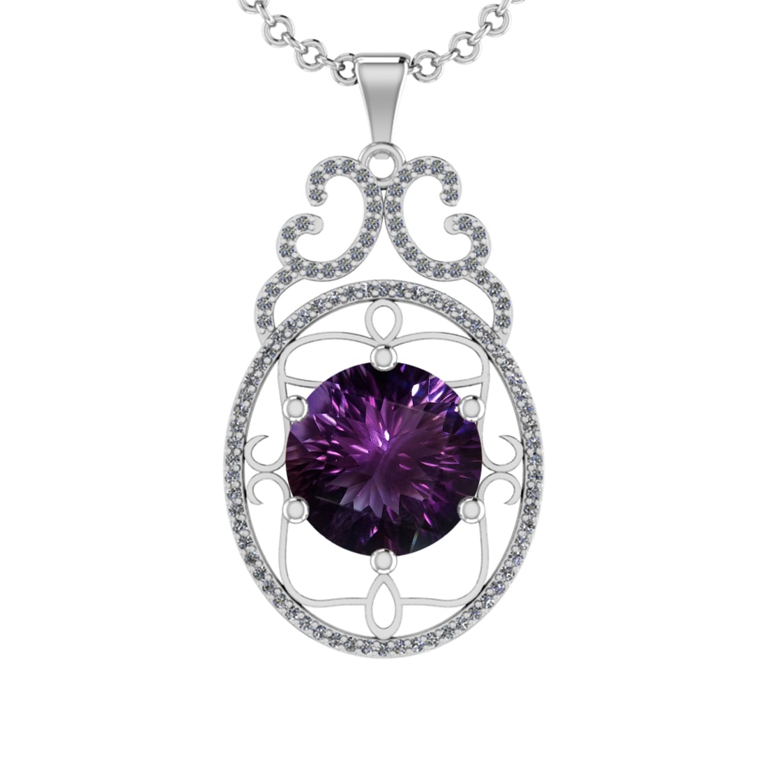 24.56 Ctw VS/SI1 Amethyst and Diamond 14K White Gold Pendant (ALL DIAMOND A: Color Stone Weight : 24.29 Ctw ( Round Cut) Stone Color :- Amethyst Center Stone Setting : Prong Side Weight Of Ctw 0.27 Ctw Color : J-K Clarity : VS/SI1 Stone Setting : Prong Metal Weight : Approx 12