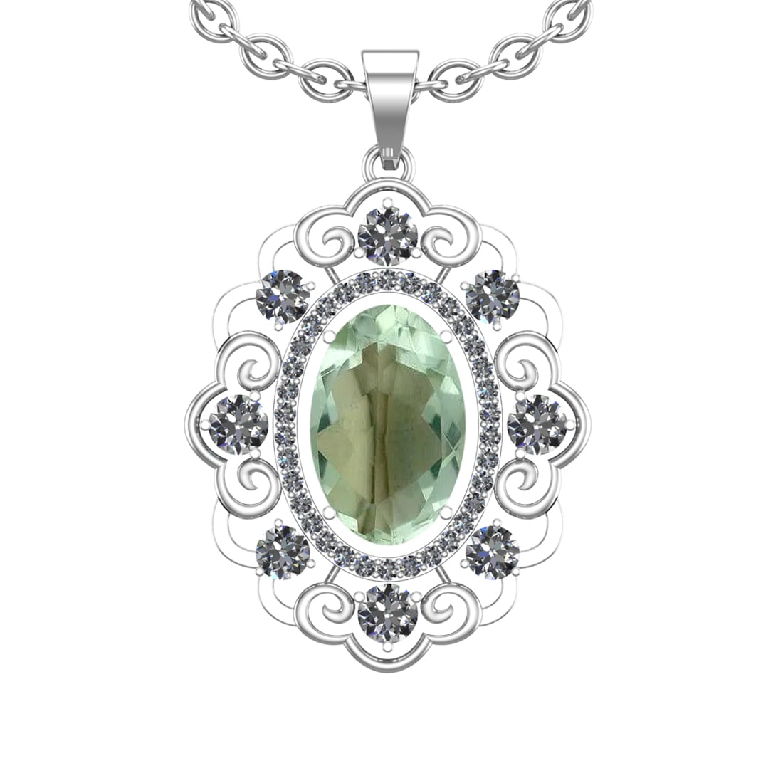 20.23 Ctw VS/SI1 Green Amethyst And Diamond 14K White Gold Necklace (ALL DI: Center Stone Weight : 16.18 Ctw ( Oval Cut ) Center Stone Color : Green Amethyst Stone Setting : Prong Side Diamond Weight Of Ctw 4.05 Ctw Side Stone Color : J-K Stone Clarity : VS/SI1 Stone Setting