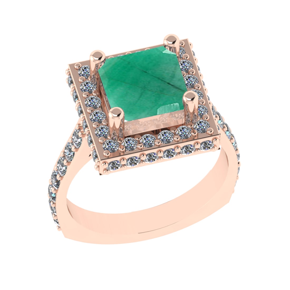 3.21 Ctw VS/SI1 Emerald And Diamond 14k Rose Gold Engagement Ring (ALL DIAM: Center Stone Weight : 1.80 Ctw ( Cushion Cut ) Center Stone Color : Emerald Stone Setting : Prong Side Diamond Weight Of Ctw 1.41 Ctw Side Stone Color : G-H Stone Clarity : VS/SI1 Stone Setting : Pron