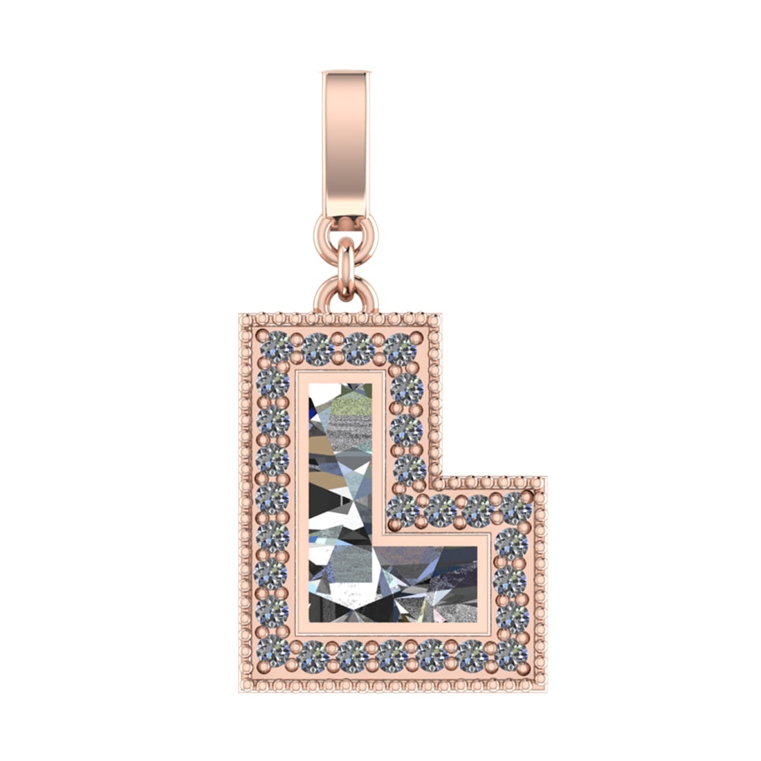 0.71 Ctw SI2/SI1 Diamond Prong Set 14k Rose Gold Alphaabet-L Pendant (ALL D: Center Daimond Weight :-0.50 Ctw Color : White Side Diamond Weight Of Ctw 0.21 Ctw Color : G-H Clarity : SI2/SI1 Daimond Setting : Prong Metal Weight : Approx 3.86 gram 14k Rose Gold Alphaabet-L Penda