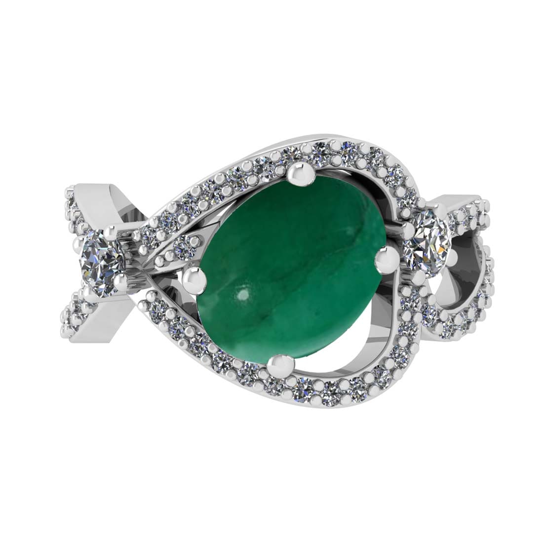 3.55 Ctw VS/SI1 Emerald and Diamond Prong Set 14k White Gold Engagement Rin: Center Stone Weight :-2.62 Ctw ( Oval Cab ) Center Stone Color :-Emerald Center Stone Setting : Prong Side Diamond Weight Of Ctw :- 0.93 Ctw Color : J-K Clarity : VS/SI1 Daimond Setting : Prong Metal 