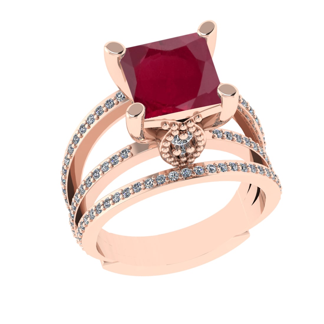 2.70 Ctw VS/SI1 Ruby And Diamond 14k Rose Gold Engagement Ring (ALL DIAMOND: Center Stone Weight : 2.00 Ctw ( Cushion Cut ) Center Stone Color : Ruby Stone Setting : Prong Side Diamond Weight Of Ctw 0.70 Ctw Side Stone Color : G-H Stone Clarity : VS/SI1 Stone Setting : Prong M