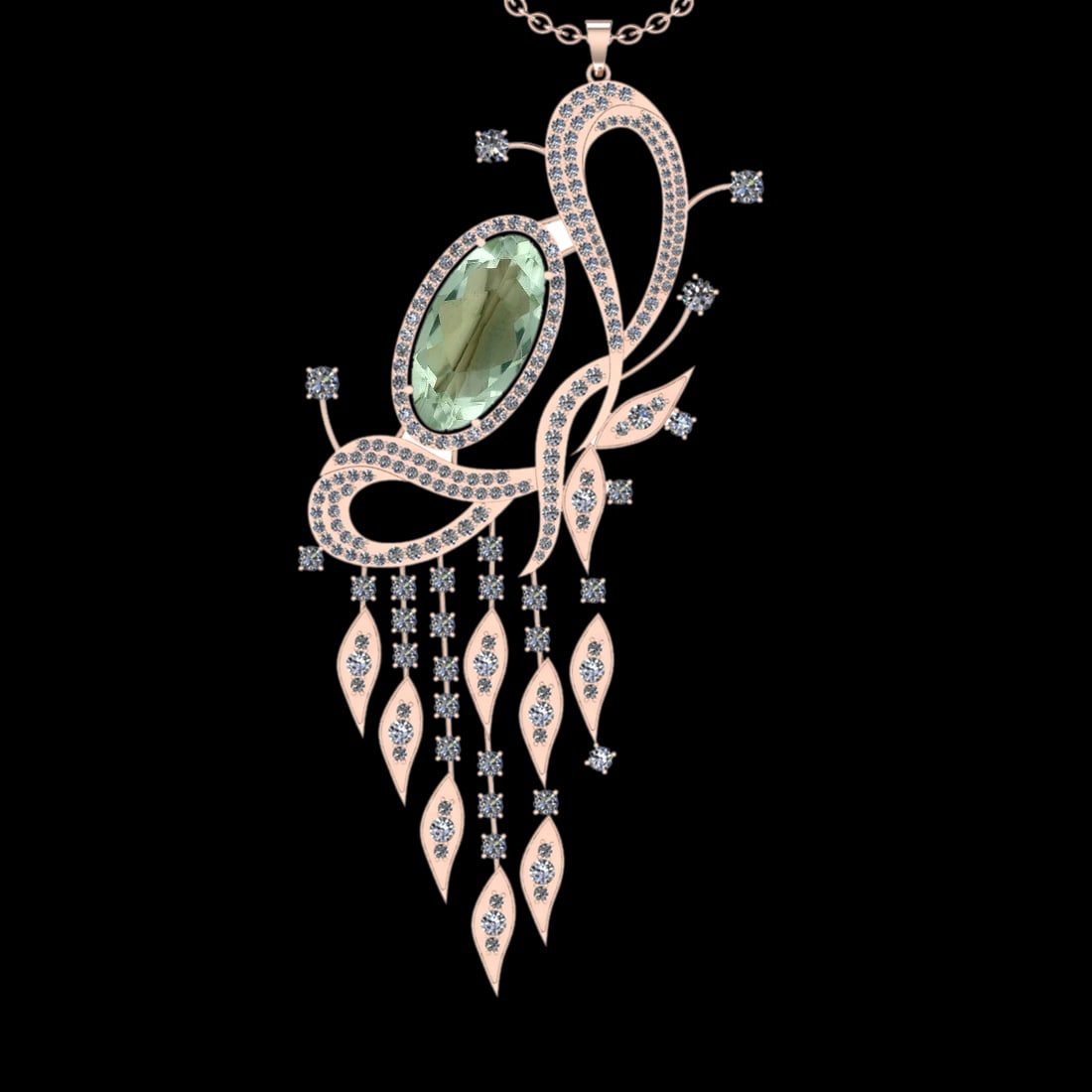 22.71 Ctw VS/SI1 Green Amethyst And Diamond 14K Rose Gold Necklace( ALL DIA: Center Stone Weight : 15.22 Ctw ( Oval Cut ) Center Stone Color : Green Amethyst Stone Setting : Prong Side Diamond Weight Of Ctw 7.49 Ctw Side Stone Color : J-K Stone Clarity : VS/SI1 Stone Setting