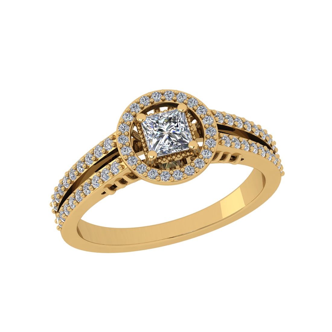 0.78 Ctw SI2/SI1 Diamond Prong Set 14k Yellow Gold Engagement Halo Ring: Center Daimond Weight :-0.39 Ctw ( Princess Cut) Color : G-H Clarity : SI2/SI1 Side Diamond Weight Of Ctw 0.39 Ctw Color : G-H Clarity : SI2/SI1 Daimond Setting : Prong Metal Weight : Approx 4.20
