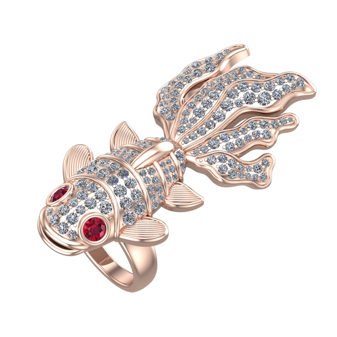 4.50 Ctw SI2/SI1 Ruby and Diamond Prong Set 14k Rose Gold Fish theme Ring: Eye Stone Weight :- 0.50 ctw Eye Stone Color :- Ruby Total Daimond Weight :-4.00 Ctw Color : G-H Clarity : SI2/SI1 Setting : Prong Metal Weight : Approx 49.20 gram 14k Rose Gold Fish theme Ring Curren