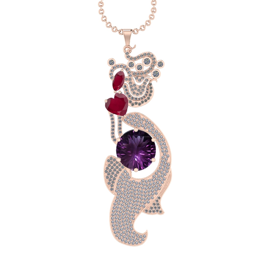 27.19 Ctw VS/SI1 Ruby,Amethyst and Diamond Prong Set 14k Rose Gold Pendant: Center Stone Weight : 24.29 Ctw ( Round Cut ) Center Stone Color :-Amethyst Color Stone Weight : 2.90 Ctw ( Heart & Marquise Cut) Center Stone Color :-Ruby Setting : Prong Side Weight Of Ctw 5.40 Ctw 