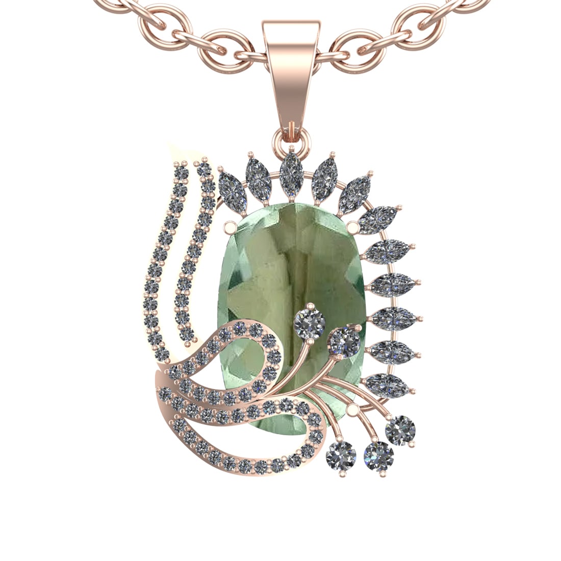 20.43 Ctw I2/I3 Green Amethyst And Diamond 10K Rose Gold Necklace(ALL DIAMO: Center Stone Weight : 18.52 Ctw ( Cushion Cut ) Center Stone Color : Green Amethyst Stone Setting : Prong Side Diamond Weight Of Ctw 1.91 Ctw Side Stone Color : J-K Stone Clarity : I2/I3 Stone Setting