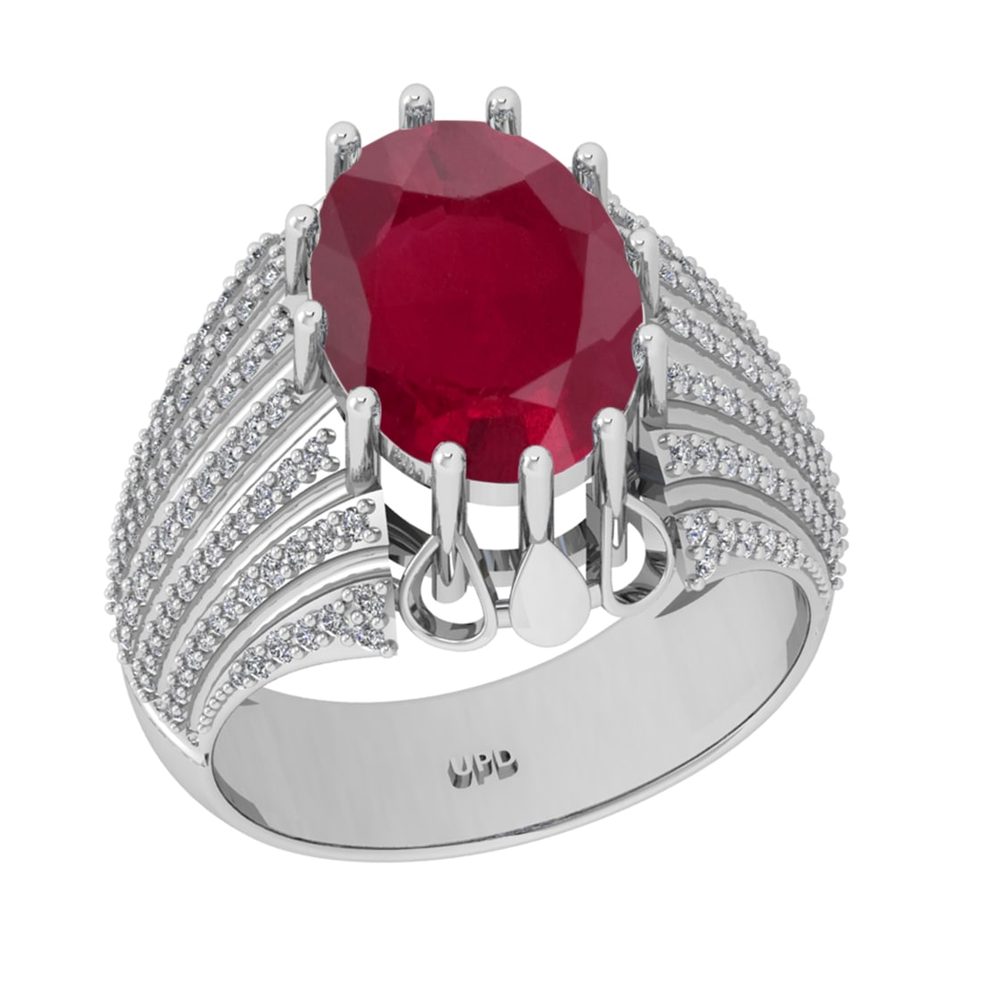 5.06 Ctw VS/SI1 Ruby And Diamond 14K White Gold Engagement Ring: Center Stone Weight : 4.50 Ctw ( Oval Cut ) Center Stone Color : Ruby Stone Setting : Prong Side Diamond Weight Of Ctw0.56 Ctw Side Stone Color : G-H Stone Clarity : VS/SI1 Stone Setting : Prong Metal
